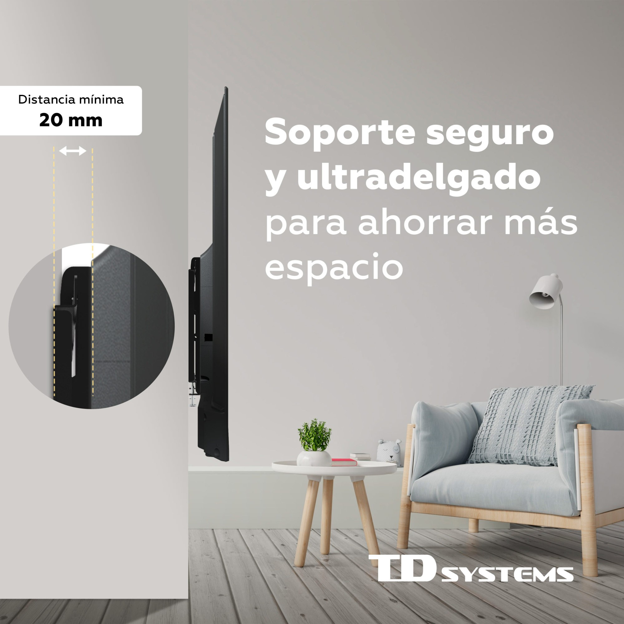 Un televisor montado en la pared. Texto: 'Soporte seguro y ultradelgado para ahorrar más espacio'. Hay una silla y una mesa.