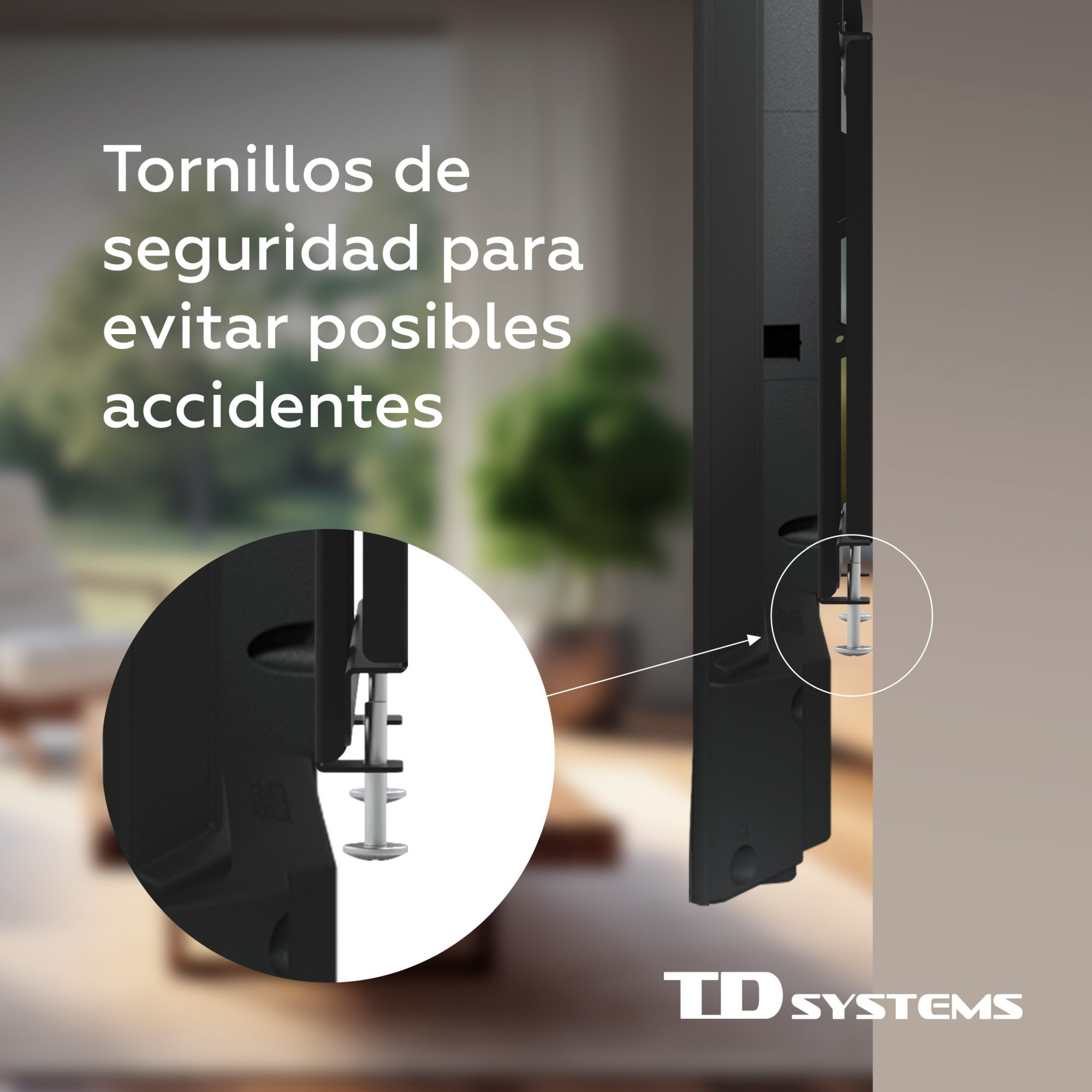 La imagen muestra un soporte de TV negro con tornillos. El texto en español dice tornillos de seguridad para evitar accidentes.