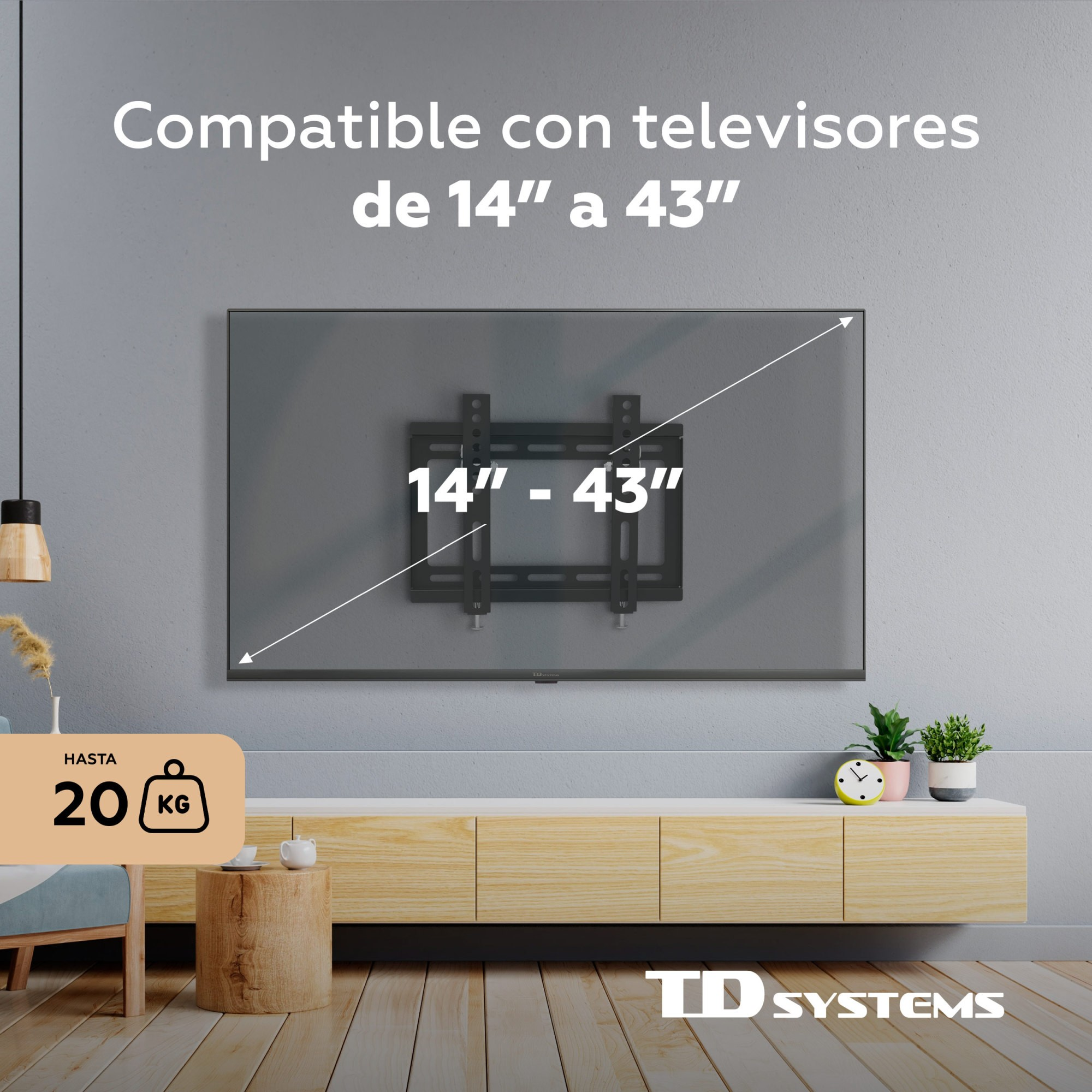 Soporte de TV en una pared gris. El texto dice compatible con TV de 14" a 43". Un gabinete y plantas abajo.