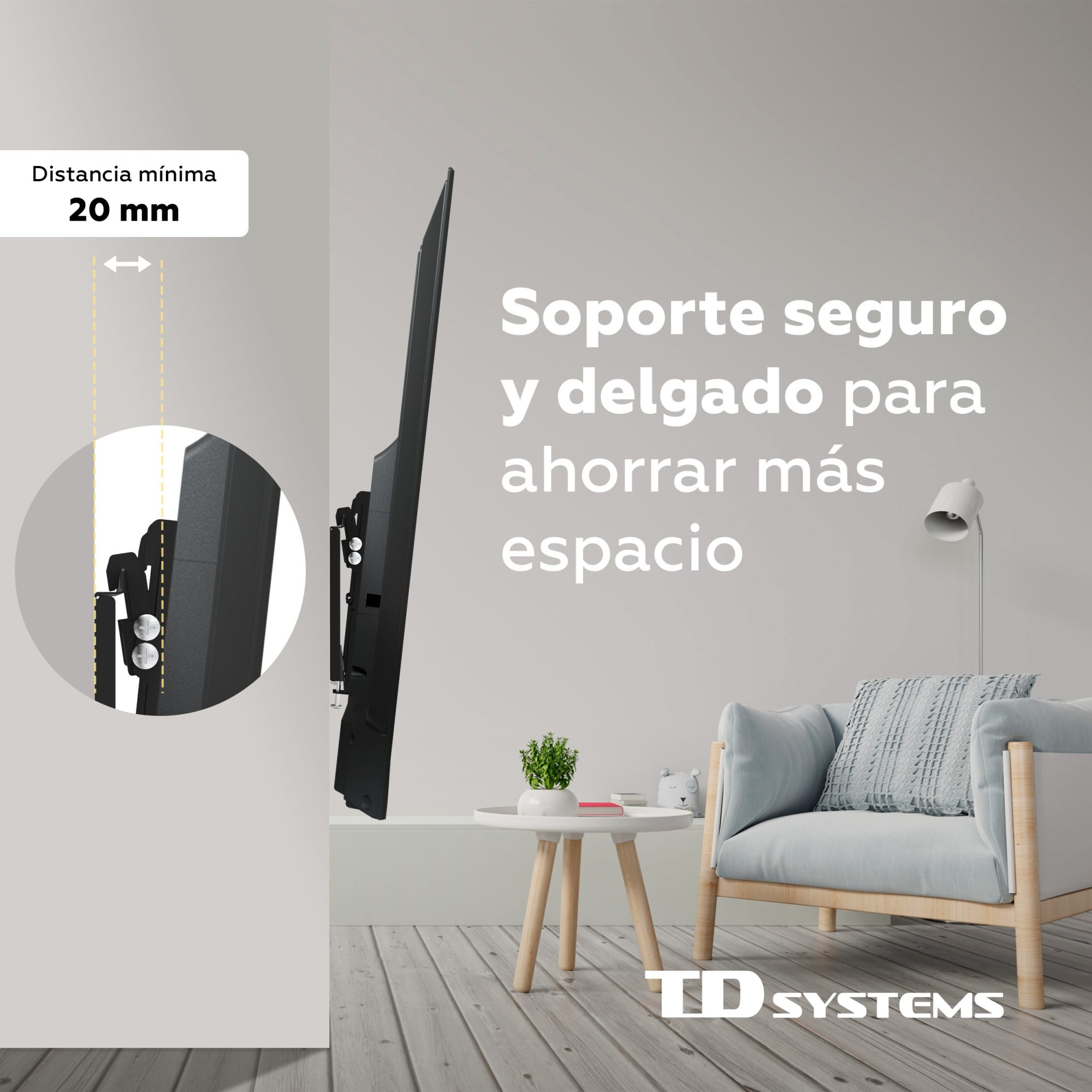 Un televisor negro está montado en la pared. El texto dice 'Soporte seguro y delgado para ahorrar más espacio'. Una silla y una mesa están en la escena.