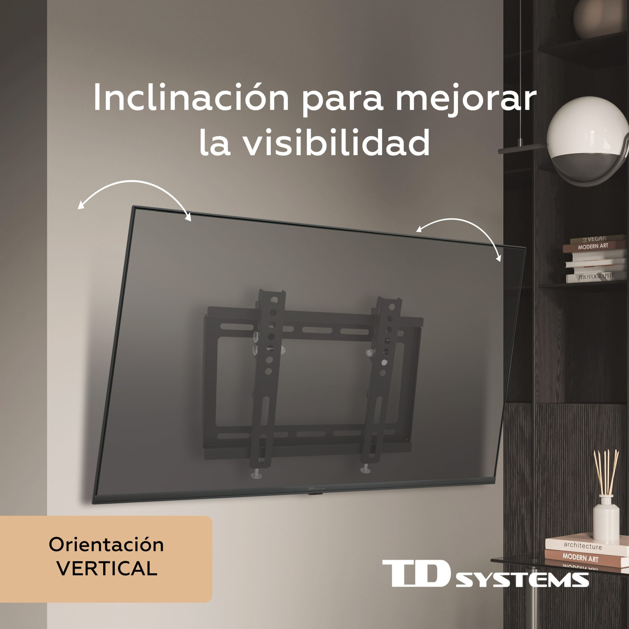 TV montada en la pared, inclinada para mejor visibilidad. Texto superior: 'Inclinación para mejorar la visibilidad'.
