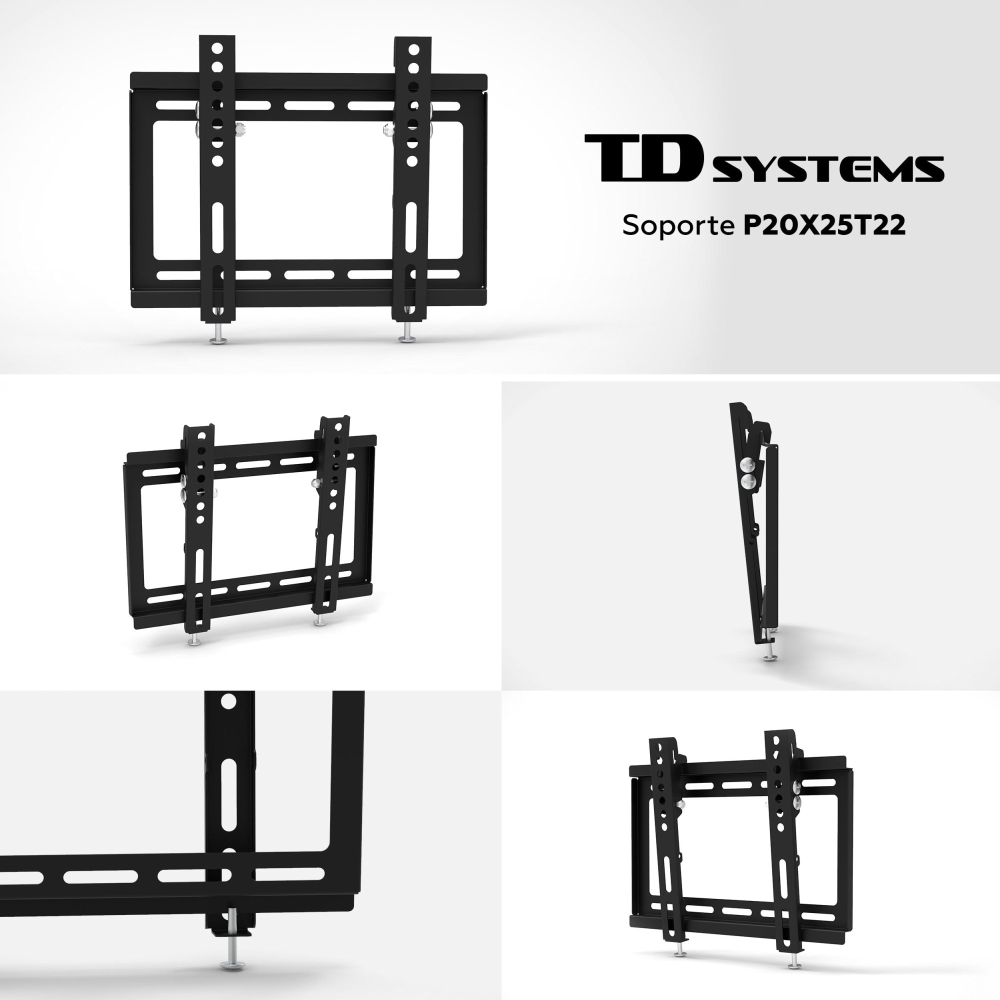 Soporte de pared negro para TV sobre fondo blanco. El logotipo de TD Systems está arriba a la derecha.
