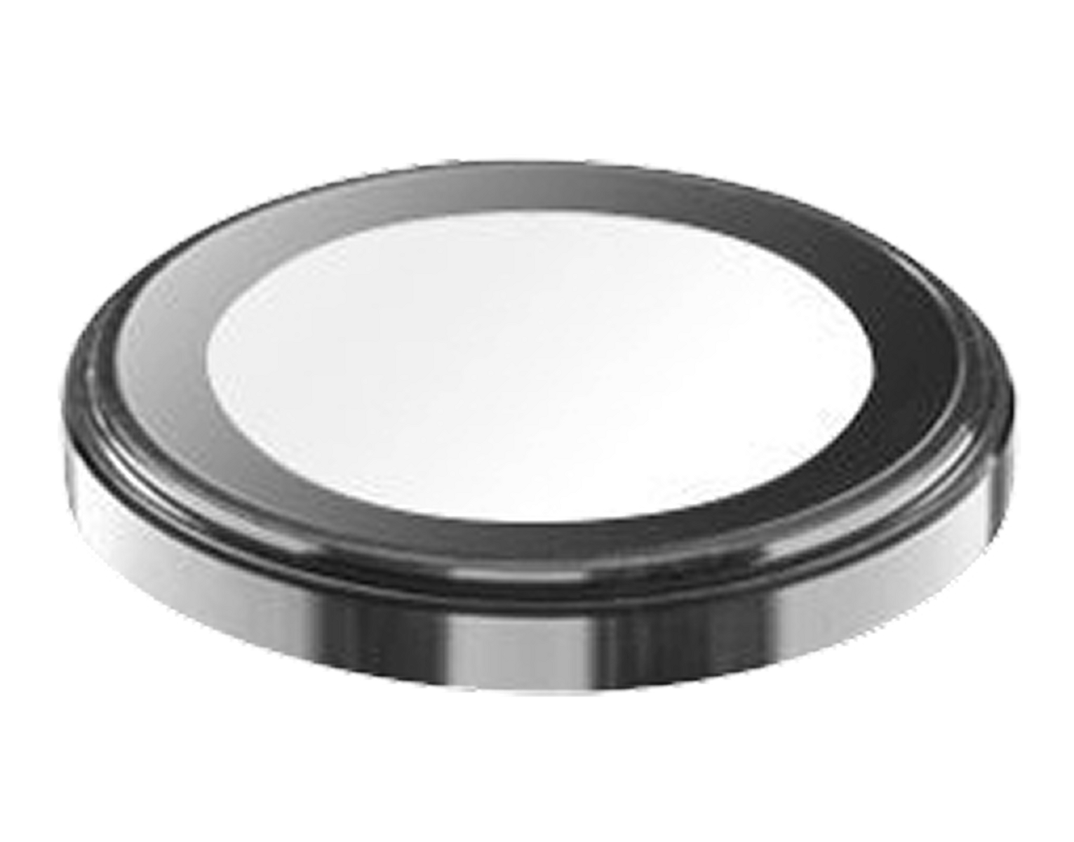 Un oggetto rotondo e metallico con un centro bianco, un bordo grigio scuro e un anello esterno argentato. Lo sfondo è nero.