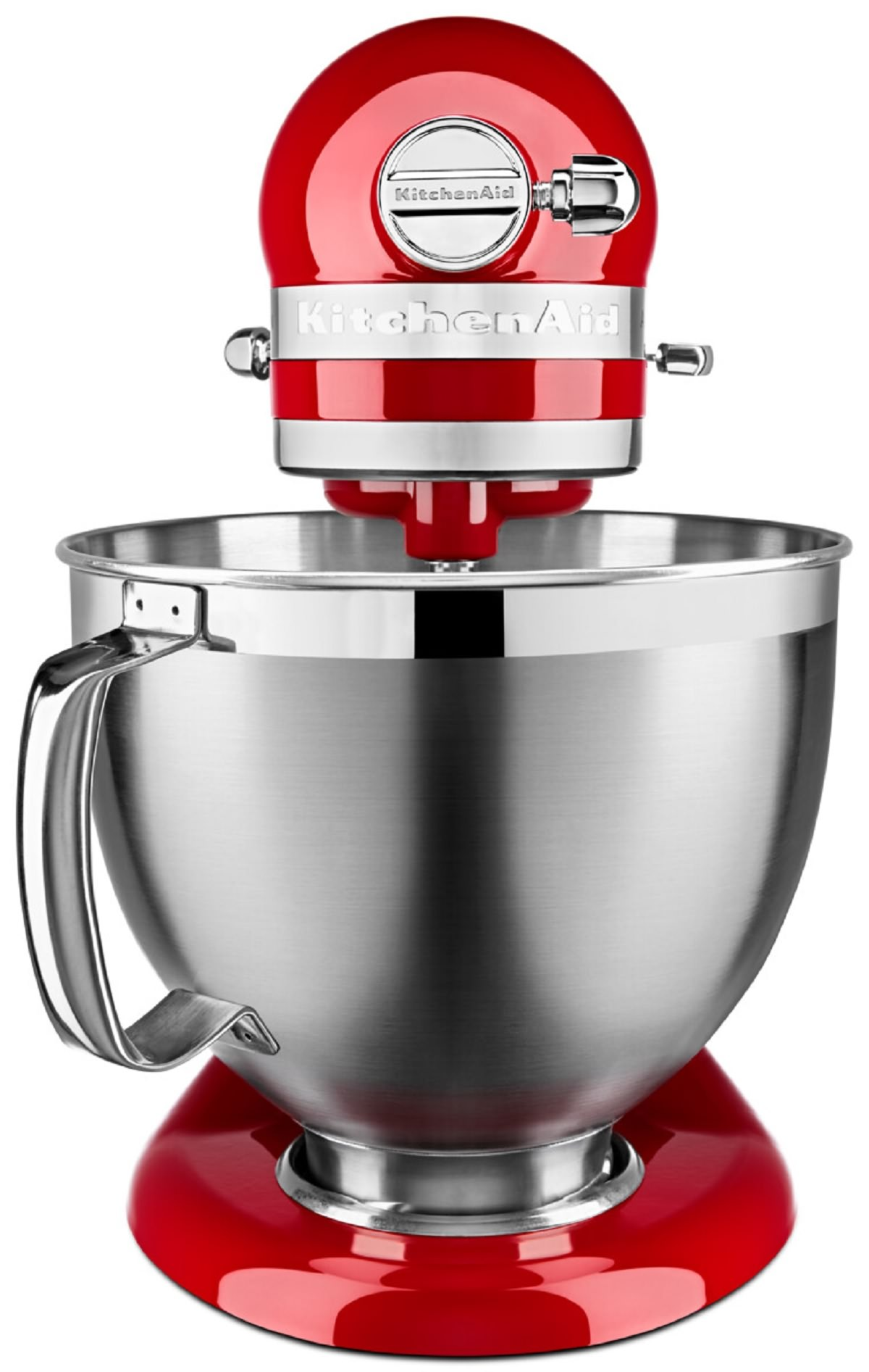 Ein roter KitchenAid-Küchenmixer. Er hat eine Edelstahlschüssel. Der Kopf und die Basis des Mixers sind rot. Der Markenname ist sichtbar.