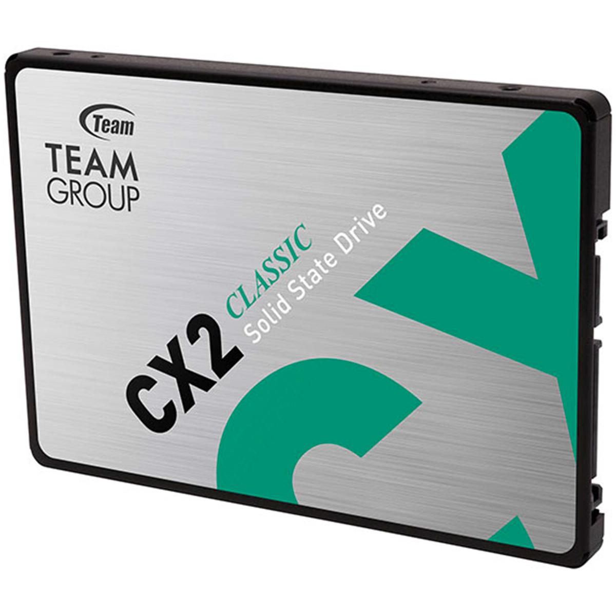 Un disque SSD CX2 Classic argenté et sarcelle de Team Group. Bord noir et logo visible.