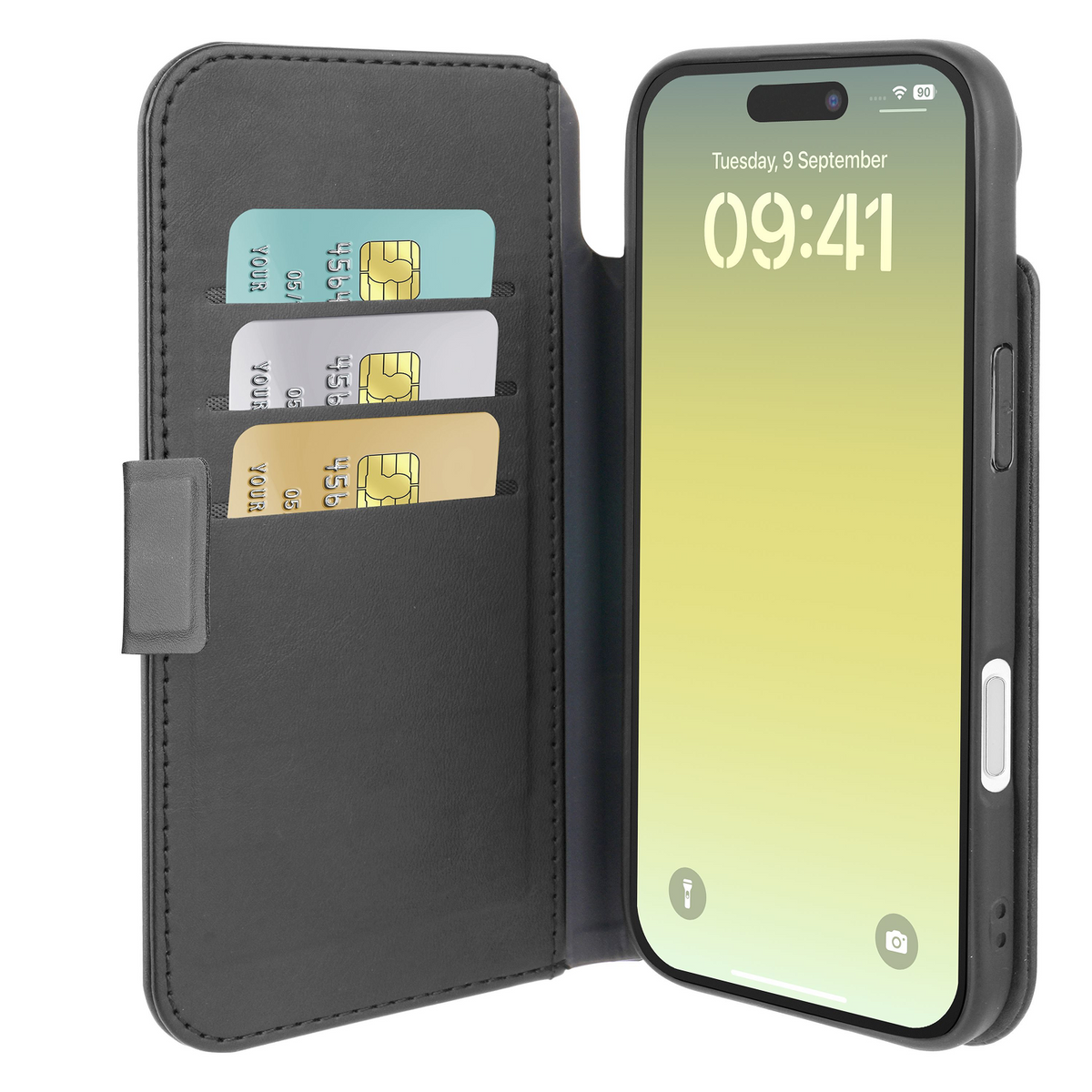 Custodia nera per telefono con telefono che mostra l'ora 09:41. Tre carte sono negli slot. La custodia è aperta.