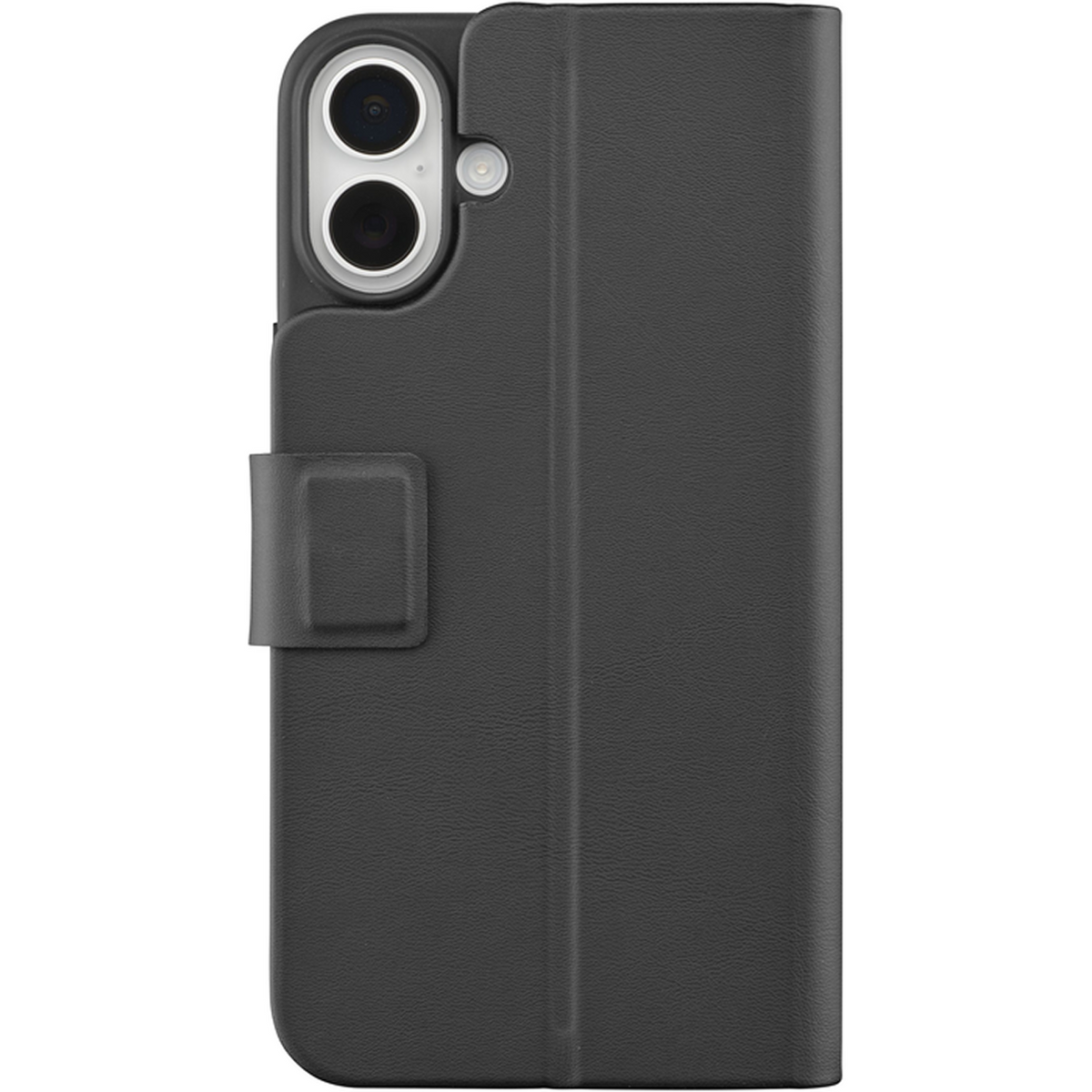 Una custodia nera per telefono con un ritaglio per la fotocamera. Ha un lembo con chiusura magnetica. La custodia ha una superficie strutturata.