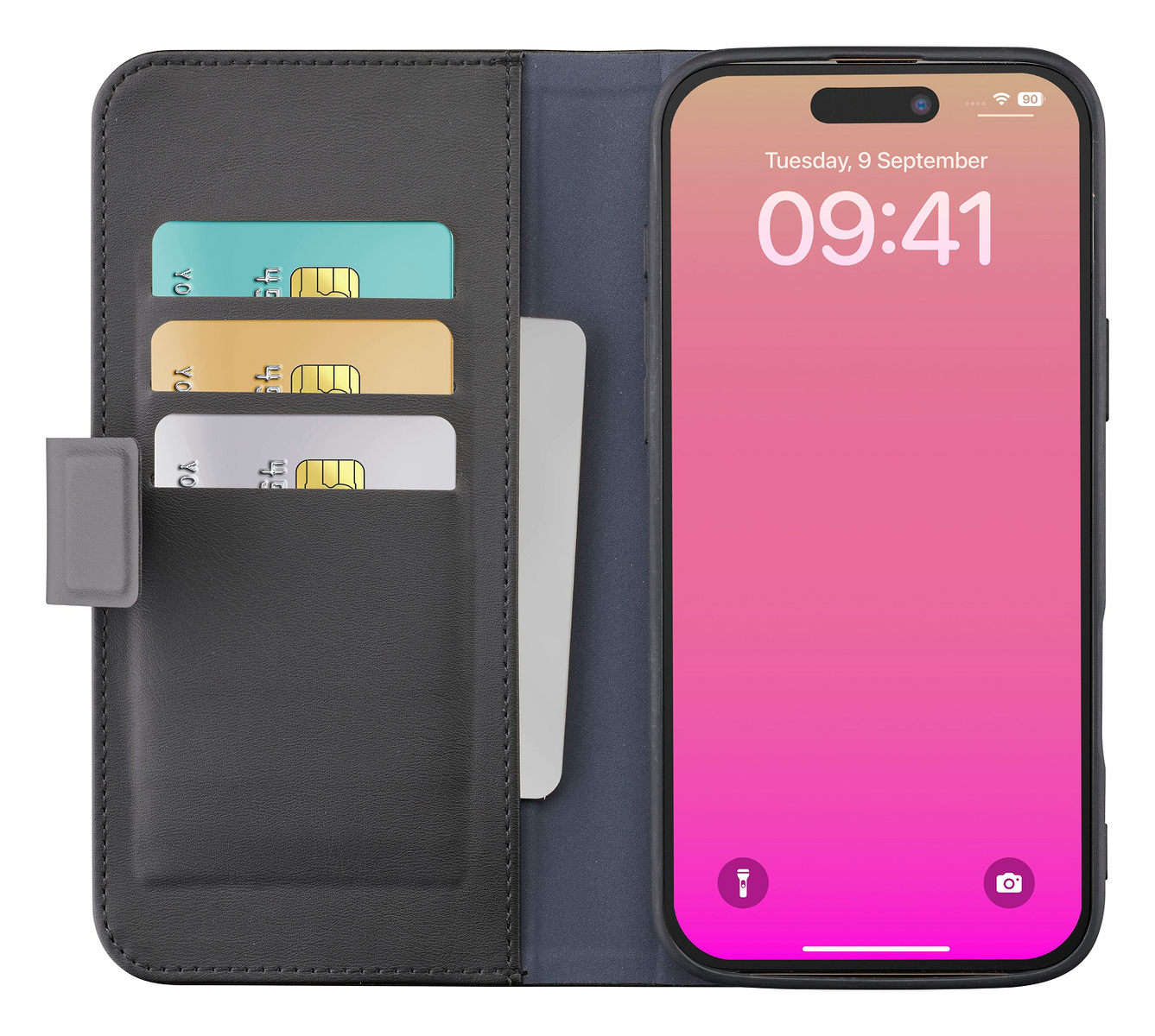 Smartphone in una custodia a portafoglio. Tre carte nel portafoglio. Il telefono mostra l'ora: 09:41. Sfondo sfumato rosa e arancione sullo schermo.