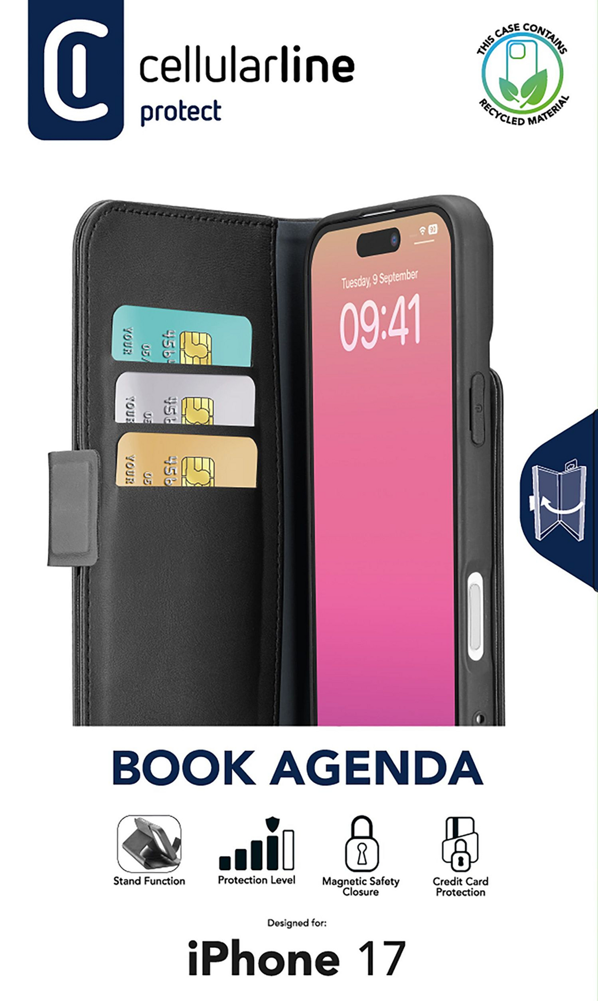 Custodia nera per telefono con iPhone all'interno, con fessure per carte di credito. Mostra ora e data. Testo: 'BOOK AGENDA' e 'iPhone 17'.