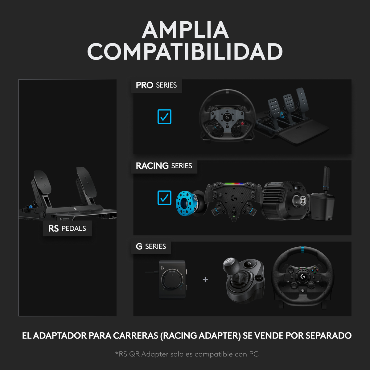 L'immagine mostra volanti e pedali da corsa delle serie Pro, Racing e G. Il testo indica l'ampia compatibilità dei prodotti.