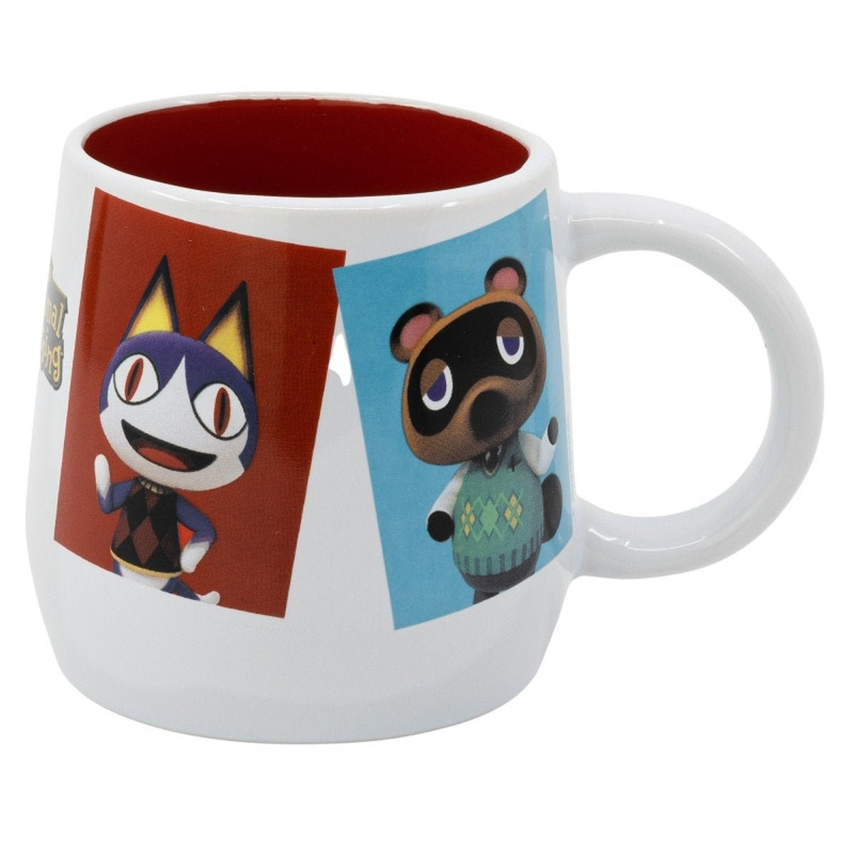 Taza blanca con interior rojo. Imágenes de personajes de Animal Crossing: un gato sobre fondo rojo y un mapache sobre fondo azul.