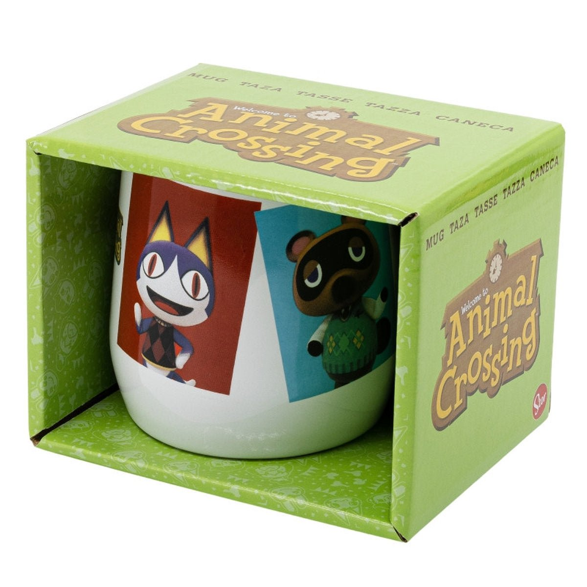 Una taza con personajes de Animal Crossing dentro de una caja verde. La taza tiene dos personajes: un gato, un mapache.