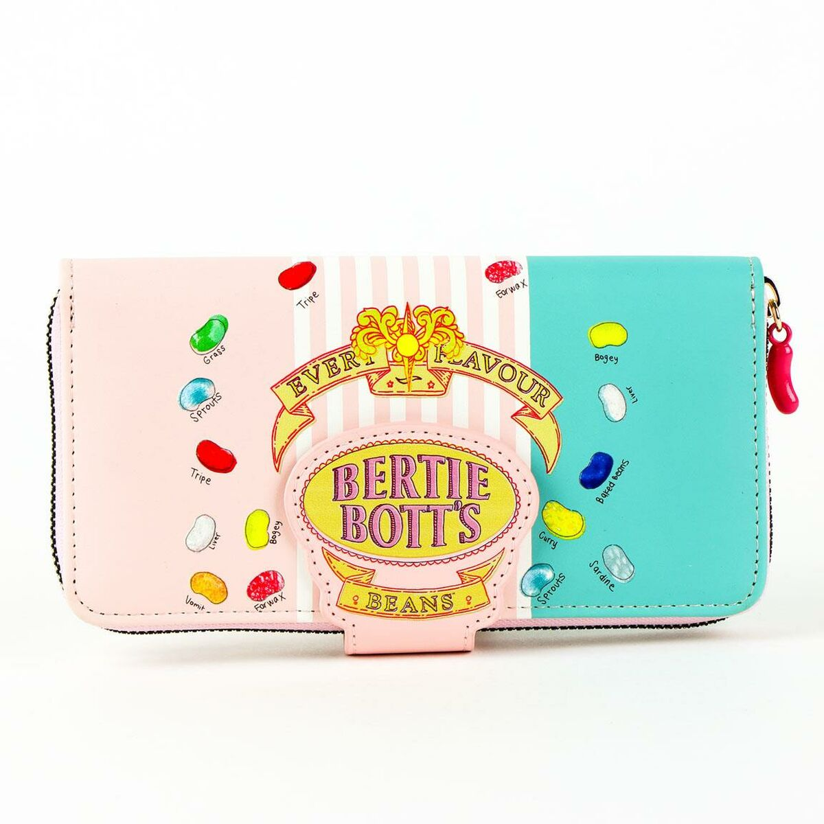 Una cartera con diseño de 'Bertie Bott's Beans'. Presenta gominolas coloridas, el nombre del producto y una cremallera con un dije de chile.