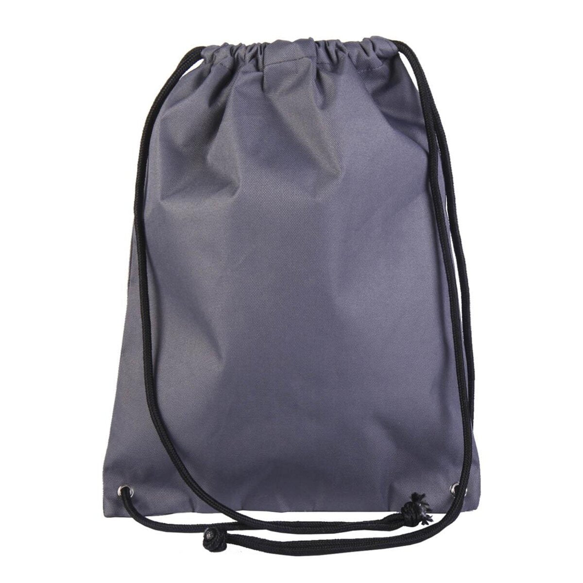 Una bolsa gris con cordón negro y ojales. La bolsa está sobre un fondo blanco.