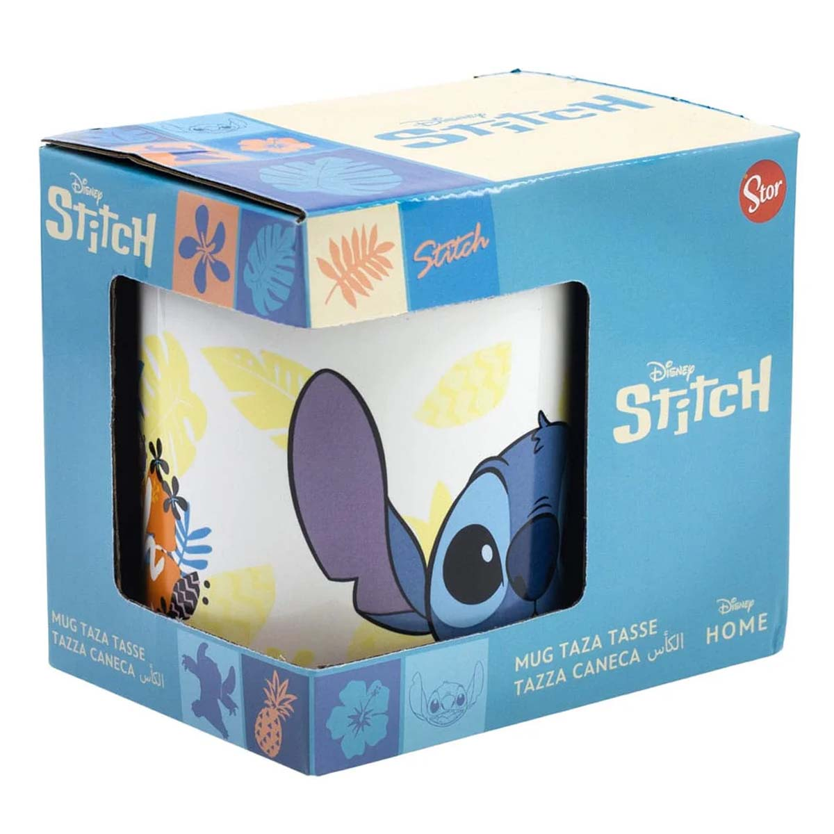 Eine Stitch-Tasse befindet sich in einer blauen Box. Die Tasse hat Stitchs Gesicht darauf. Die Box ist mit 'Disney Stitch' und 'Stor' beschriftet.