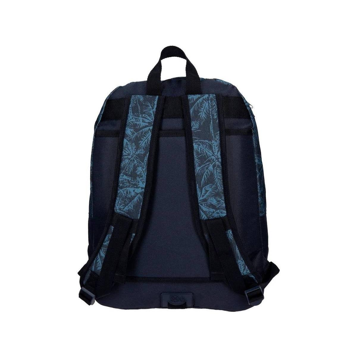 Mochila con diseño de palmeras azules en correas y laterales. Cuerpo principal azul oscuro, correas y asa negras. Vista trasera.