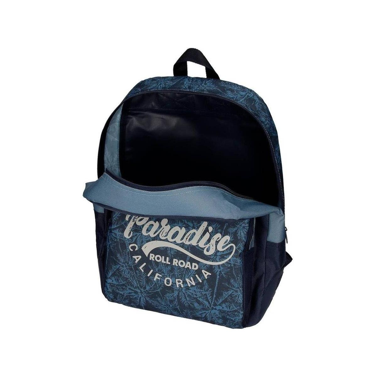 Mochila azul con texto "Paradise California" y estampado de palmeras. La parte superior está abierta, mostrando el interior.