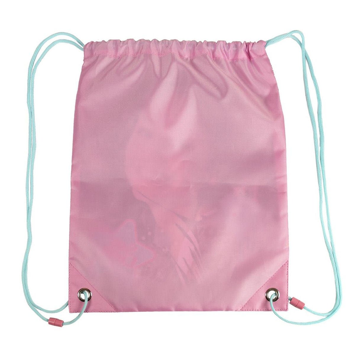 Una bolsa rosa con cordón y cordones celestes. La bolsa es rosa lisa, con dos cordones celestes y detalles rosas.