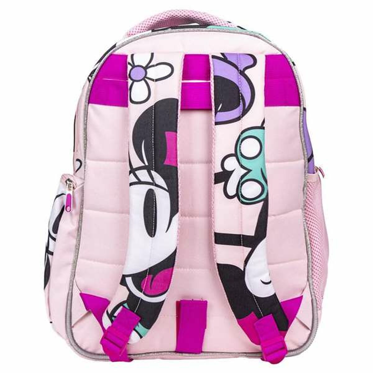 Una mochila rosa con patrones de Minnie Mouse y flores. Tiene correas y detalles morados. La bolsa está acolchada y tiene cremallera.