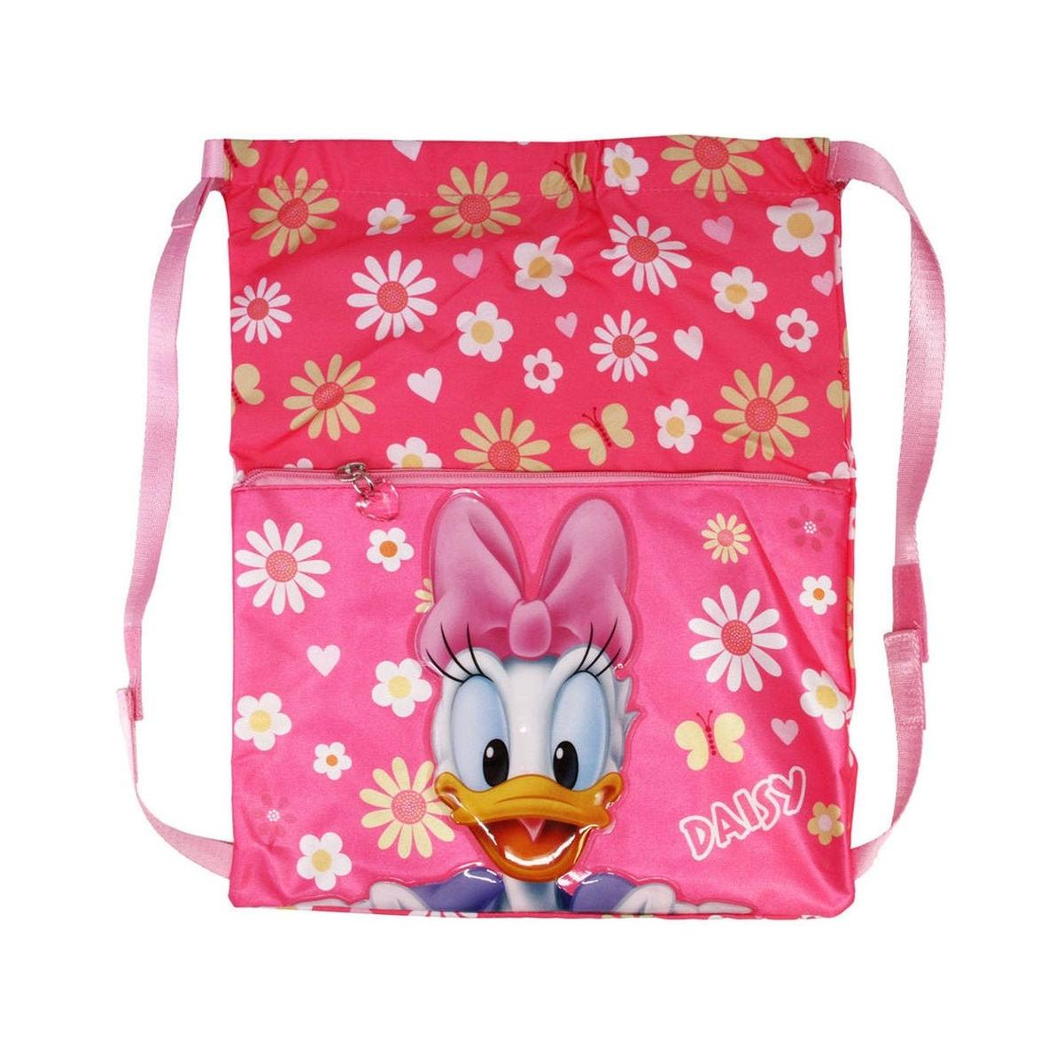 Una mochila rosa de Daisy con flores blancas y amarillas. La cara de Daisy está en el frente. La palabra "Daisy" está escrita.