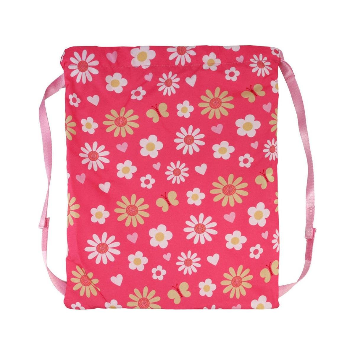 Bolsa rosa con cordón y estampados de flores y mariposas. Tiene correas rosas.