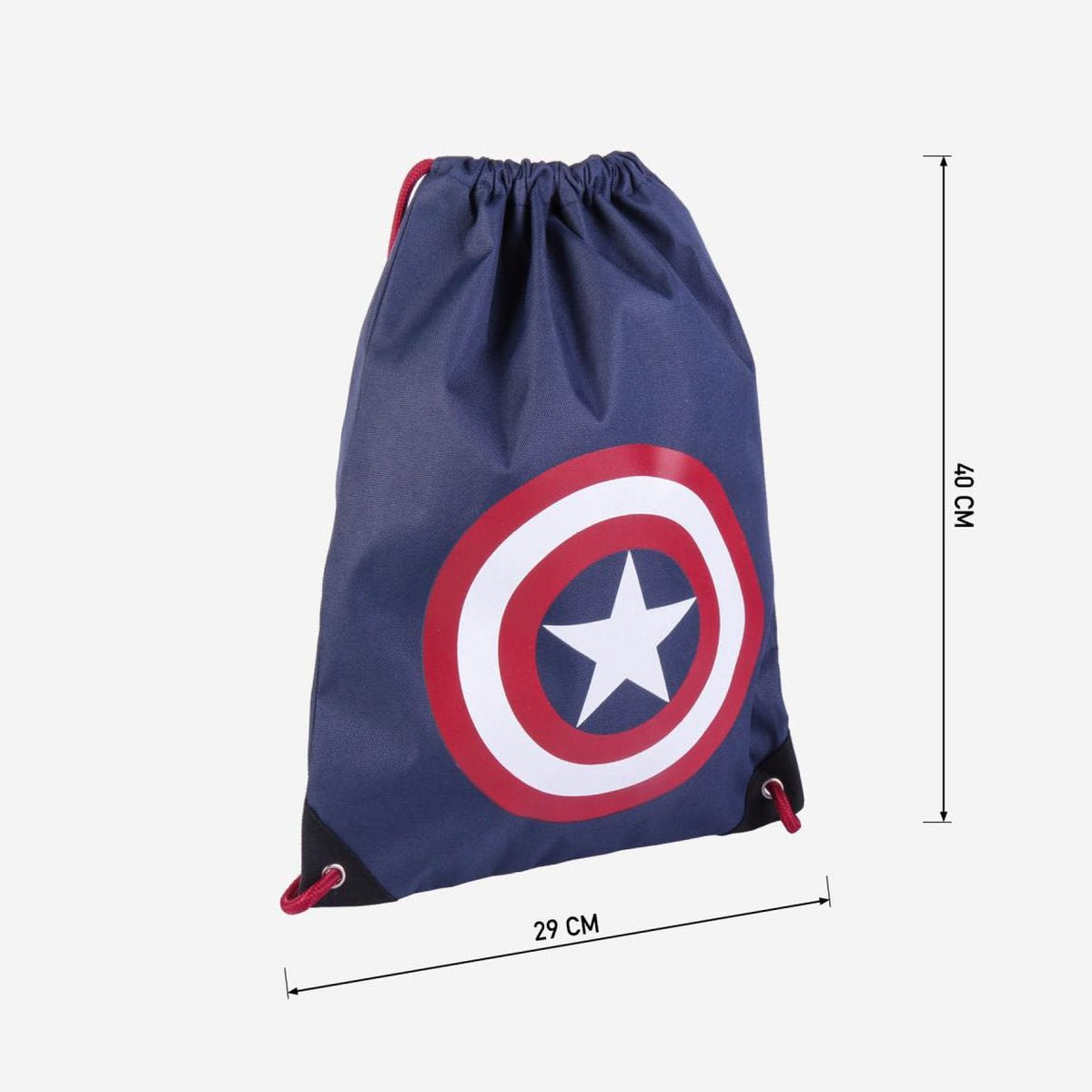 Una bolsa azul con cordón y el escudo del Capitán América. Cordones rojos y estrella blanca sobre un círculo rojo y blanco.
