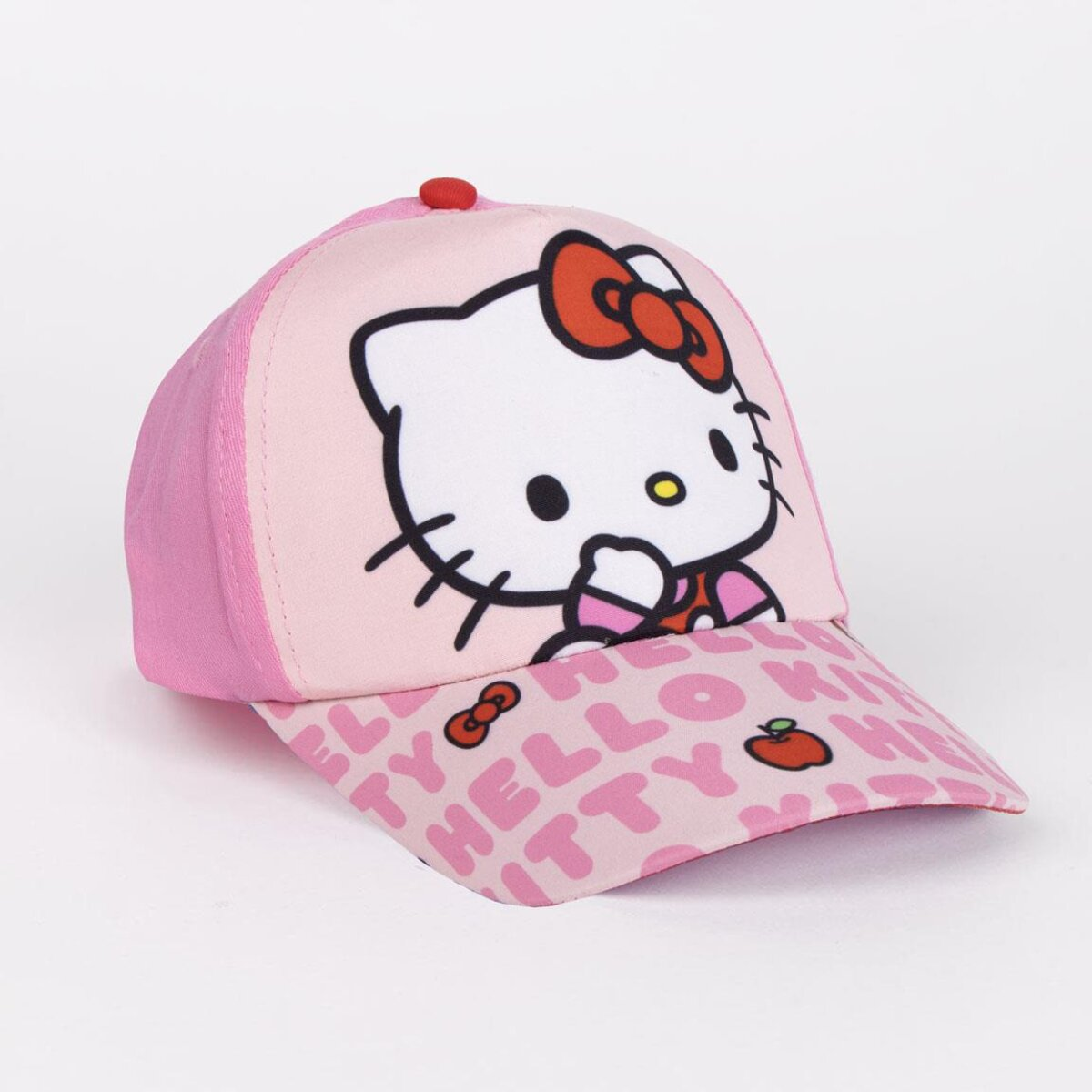 Gorra de béisbol rosa con diseño de Hello Kitty. Cuenta con la cara de Kitty, un lazo rojo y el texto 'Hello Kitty' en la visera.