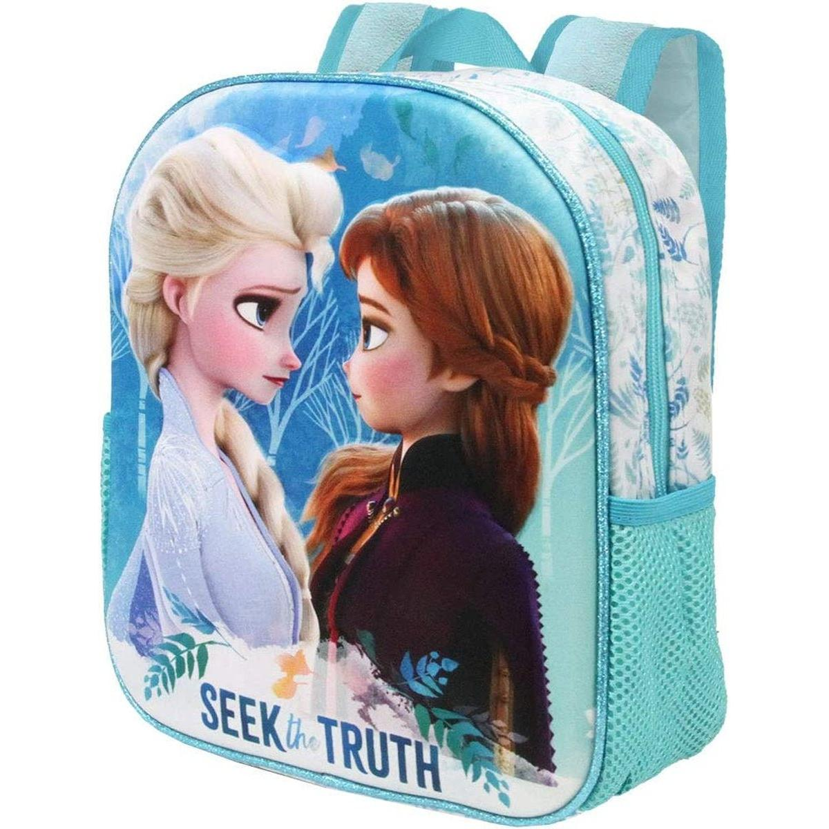 Mochila con Elsa y Anna de Frozen. Diseño azul y blanco con texto 'Seek the Truth'. Bolsillo lateral de malla turquesa.