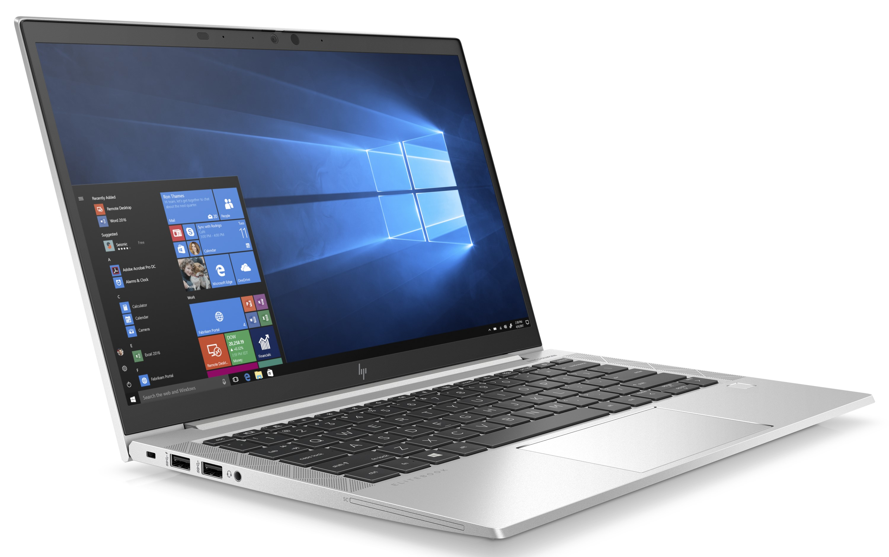 Silberner Laptop, geöffnet, zeigt Windows-Oberfläche. Tastatur sichtbar. Hintergrund ist weiß.