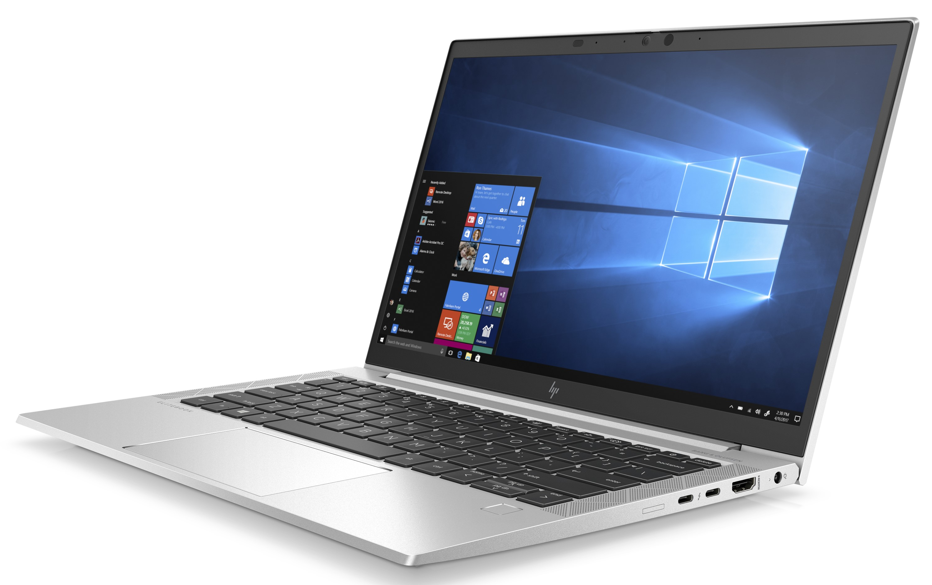 Silberner Laptop auf weißem Hintergrund, geöffnet mit Windows-Desktop sichtbar. Schwarze Tastatur und Bildschirm mit HP-Logo.