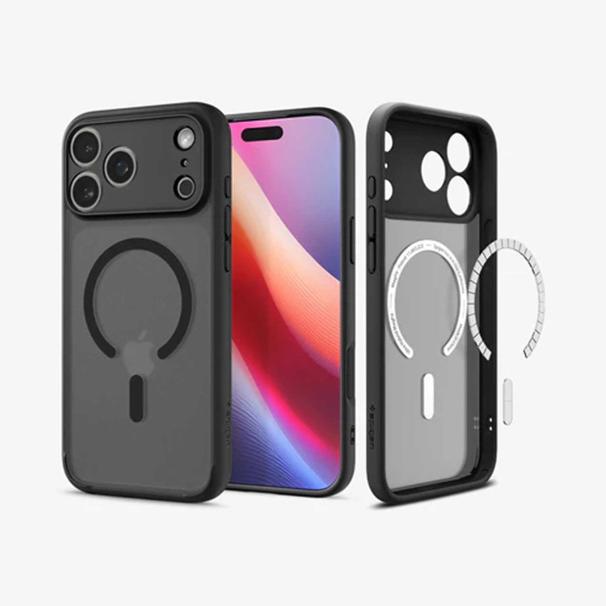 Trois coques iPhone : une avec téléphone, une ouverte et un anneau magnétique. Coques noires, téléphone avec écran coloré.