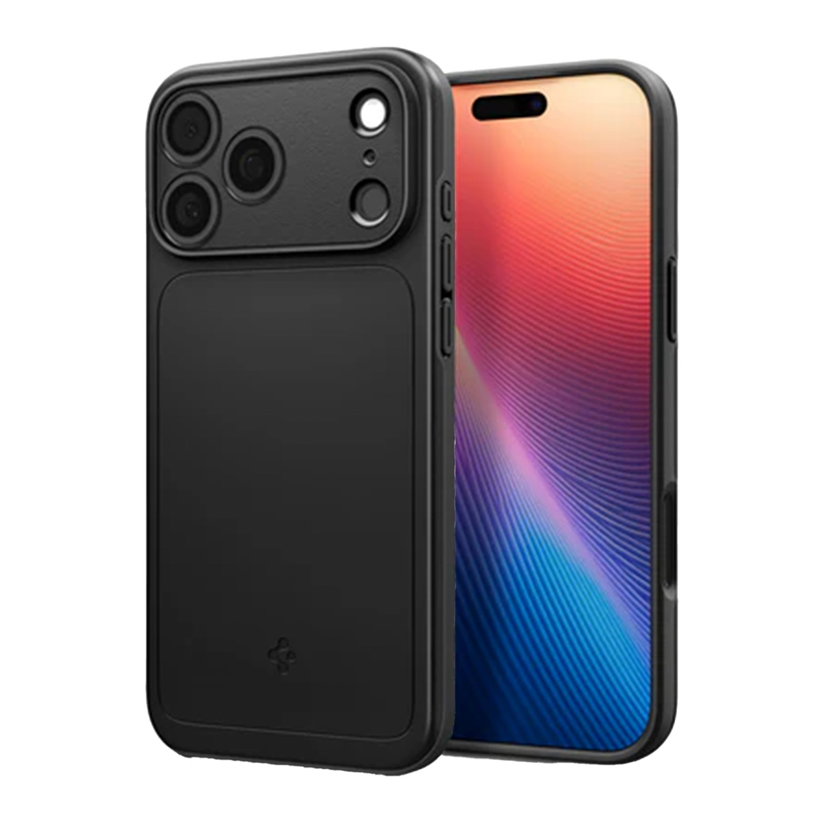 Schwarzes Telefon mit Hülle. Das Telefon hat einen farbenfrohen Bildschirm. Die Hülle hat einen Kameraausschnitt und Knöpfe.