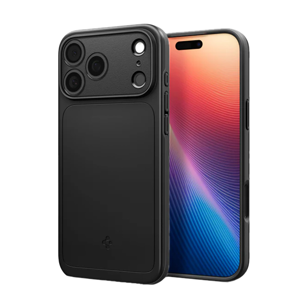 Un étui de téléphone noir avec des découpes pour l'appareil photo et un téléphone affichant un écran coloré sont présentés côte à côte.
