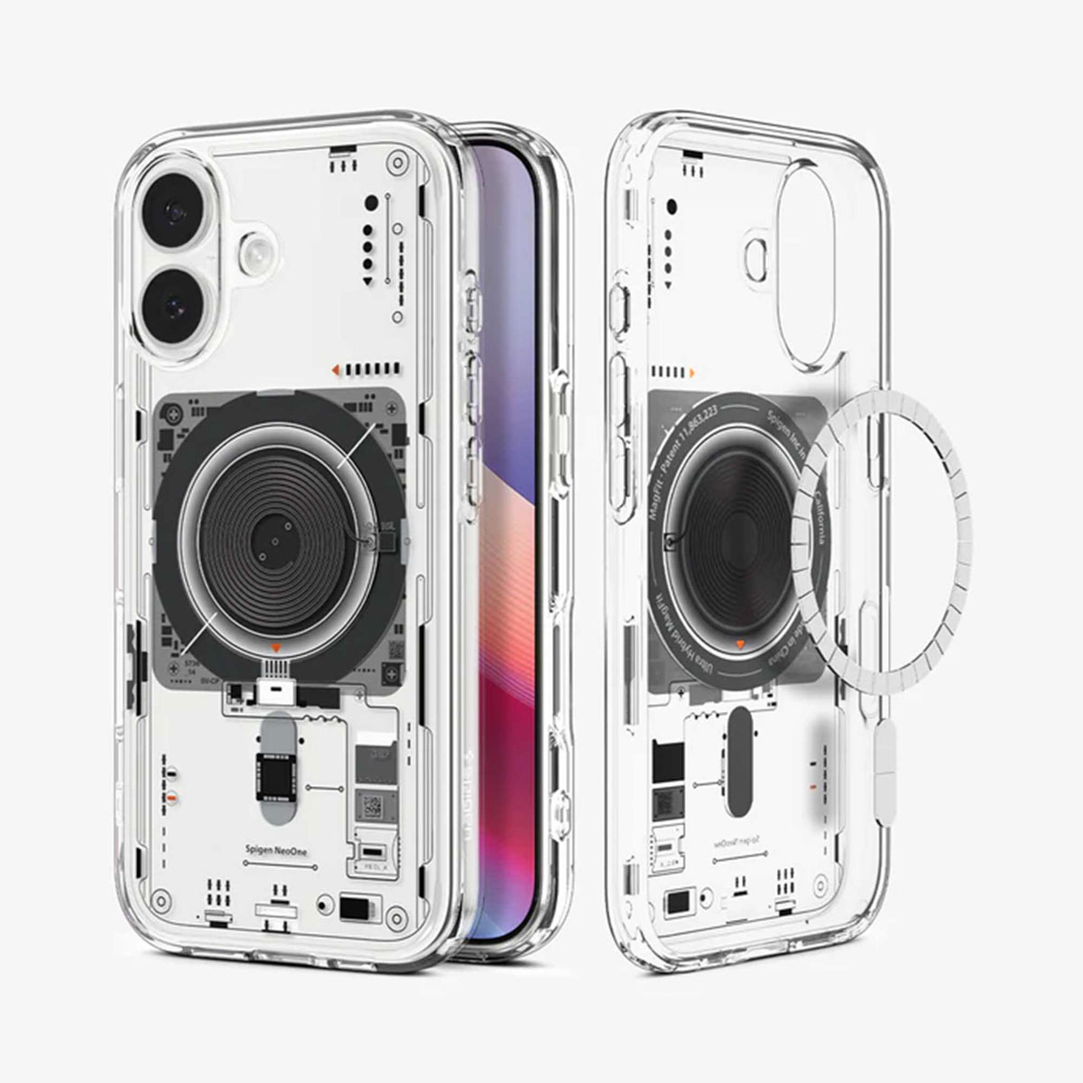 Transparante telefoonhoesjes met interne componenten, met een telefoon erin. Eén hoesje heeft een magnetische ring. Spigen NeoOne merk zichtbaar.