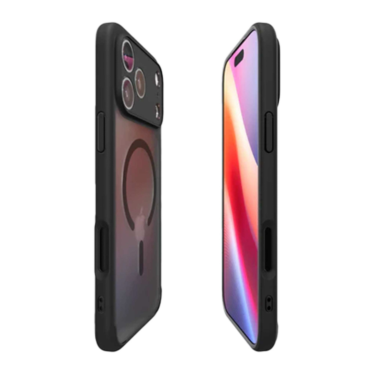 Deux coques noires pour iPhone sont affichées côte à côte. L'une montre des découpes de caméra et un cercle magnétique ; l'autre affiche un écran.