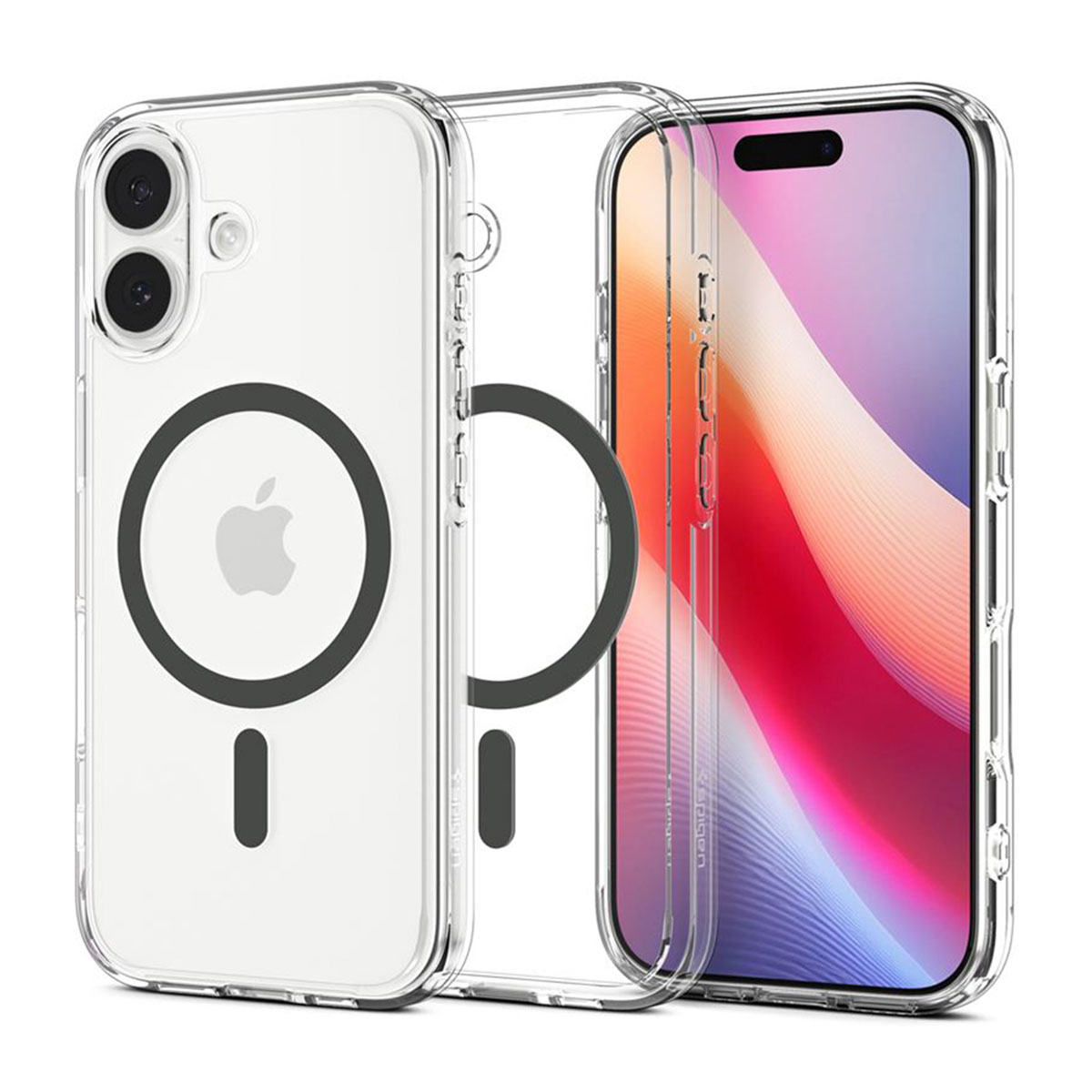 Transparante telefoonhoesjes. Eén hoesje heeft een telefoon erin. De andere twee zijn leeg. De telefoon is kleurrijk.