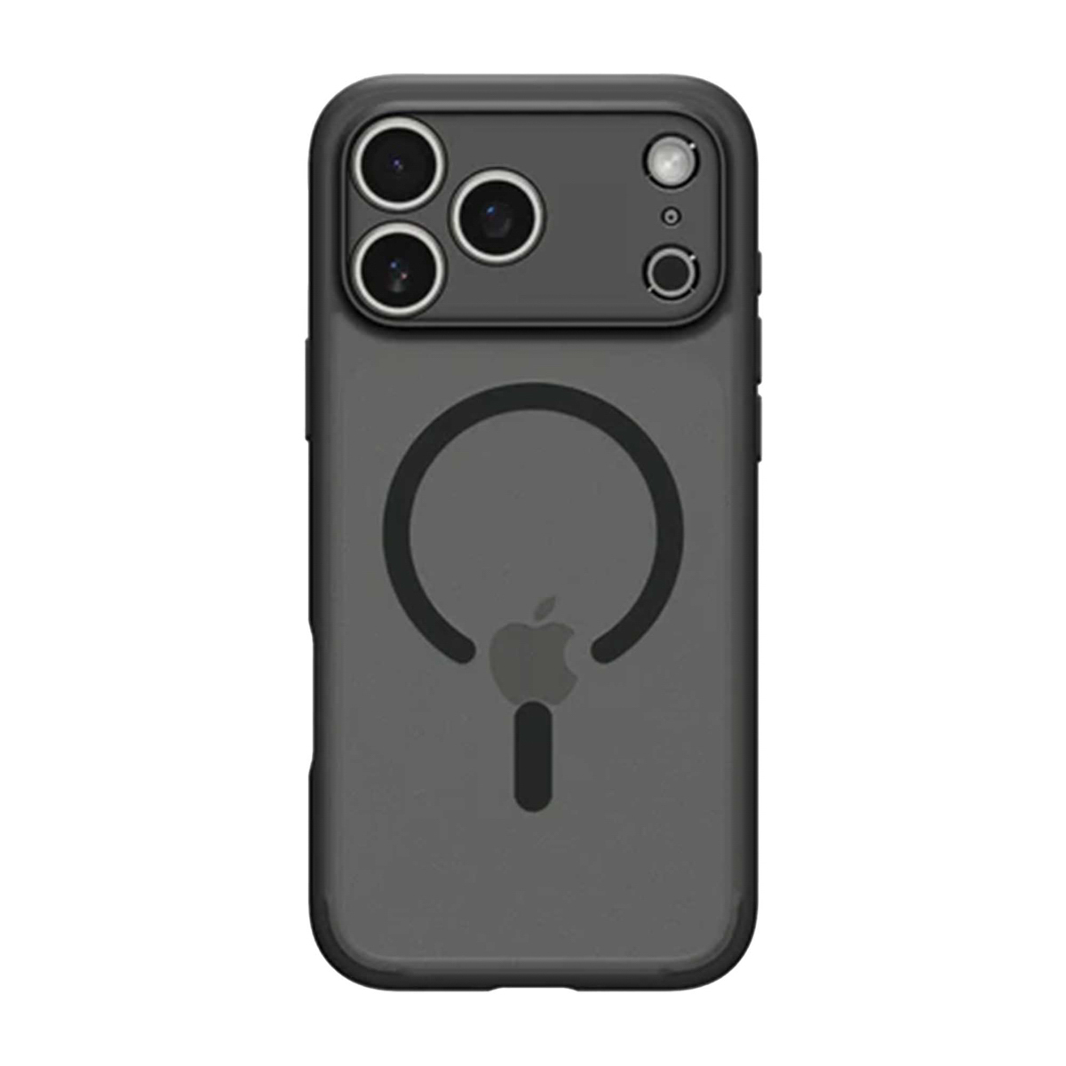 Une coque de téléphone grise avec un module caméra noir, un logo Apple et un anneau MagSafe. La coque a un design fin.