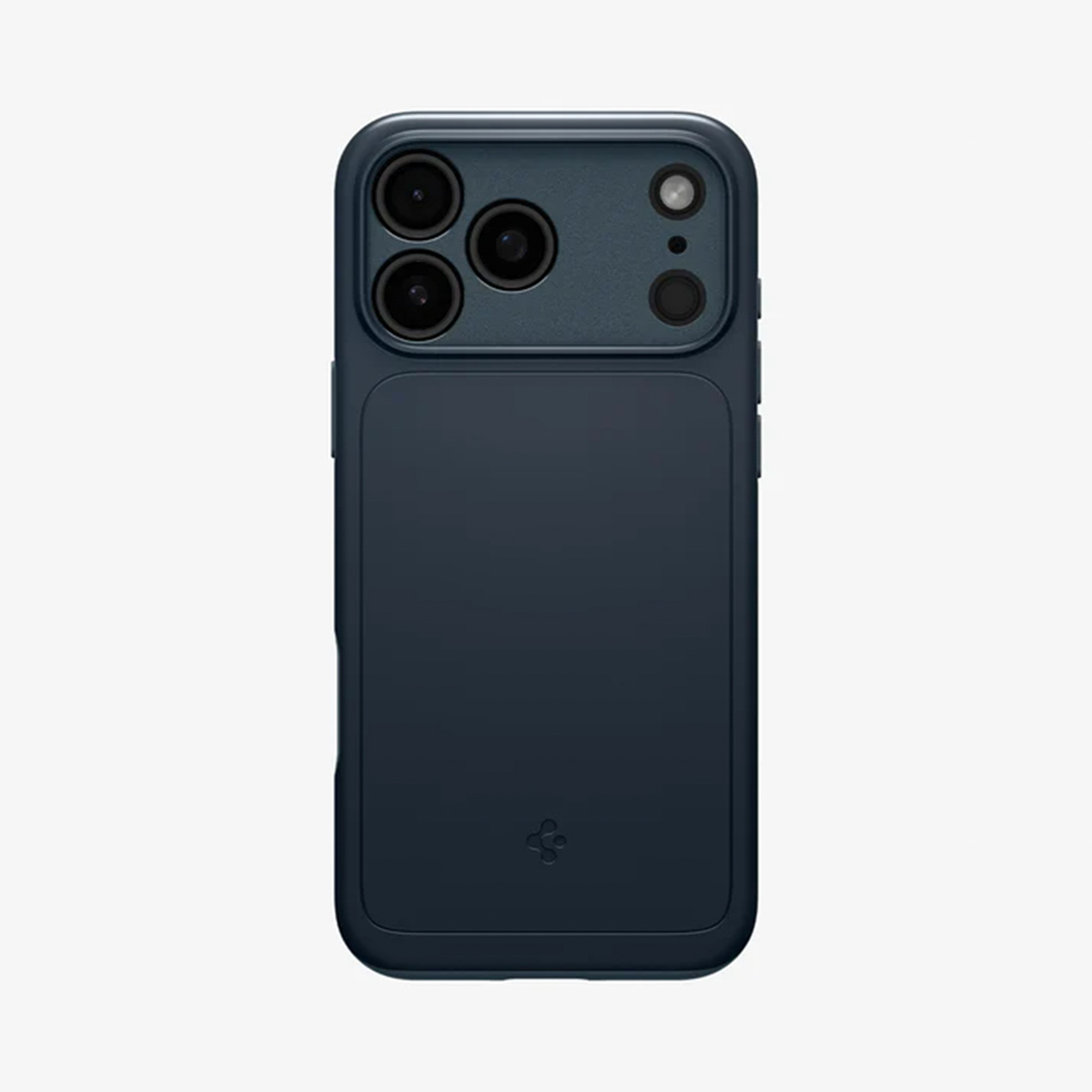 Una custodia blu scuro per telefono con più lenti della fotocamera è mostrata su uno sfondo bianco. La custodia ha un design semplice e un logo.