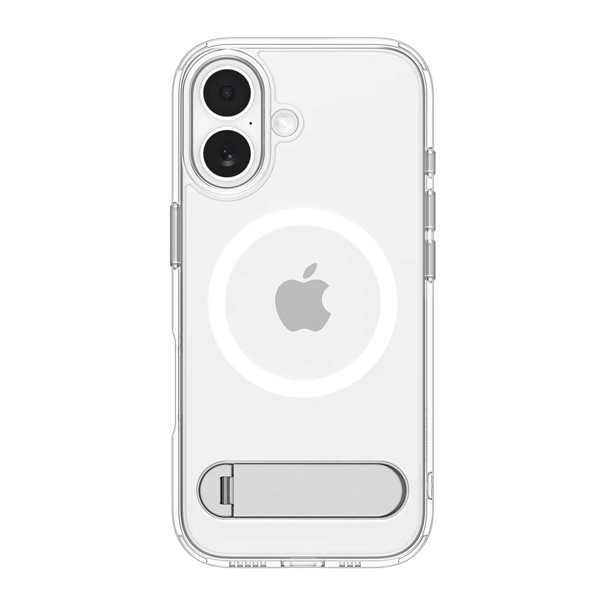 Una custodia trasparente per telefono con supporto. Ha un modulo fotocamera con due lenti, un logo Apple e un supporto metallico.