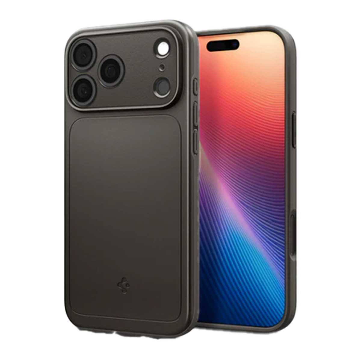 Eine dunkelgraue Handyhülle mit einem Telefon darin. Der Bildschirm des Telefons zeigt einen rot, blau und lila Farbverlauf.