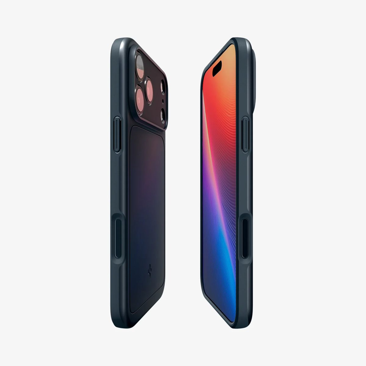Due custodie per telefono blu scuro, una con lenti della fotocamera visibili, l'altra con schermo colorato, su sfondo bianco.