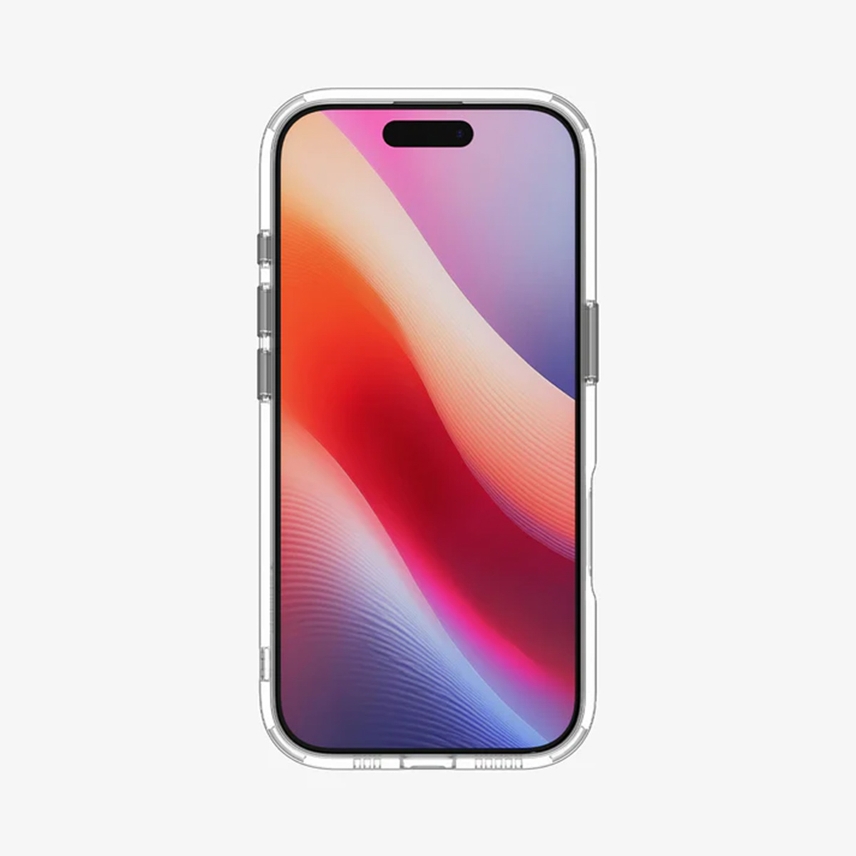 Uno smartphone con custodia trasparente mostra un design astratto di colori rosso, arancione e viola sullo schermo.
