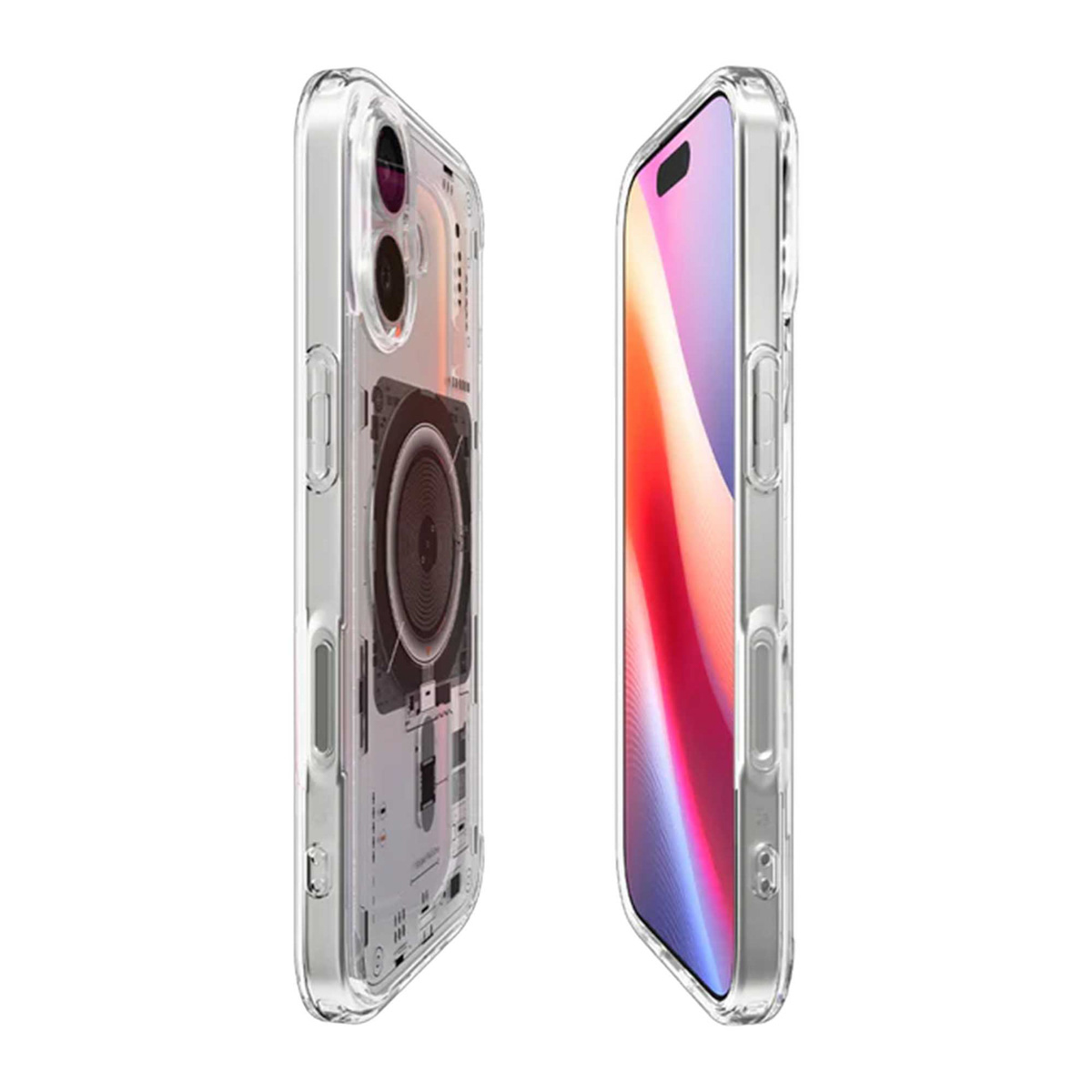 Twee transparante telefoonhoesjes. Eén toont interne componenten, de andere heeft een kleurrijk display.