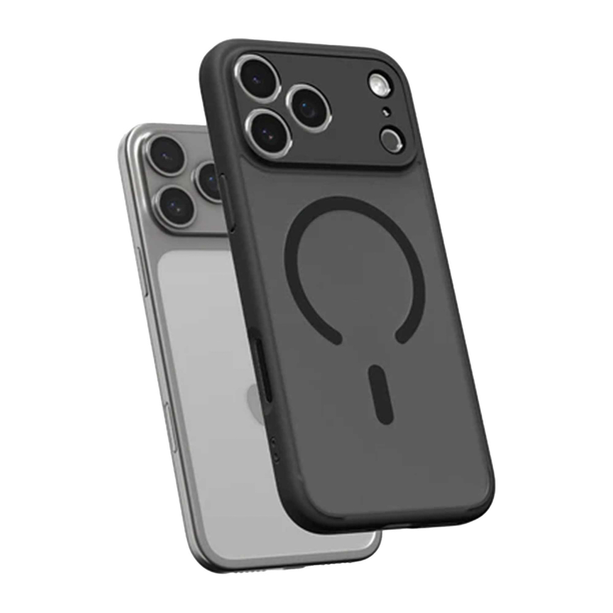 Deux smartphones avec étuis. L'un est argenté, l'autre noir avec un design circulaire.