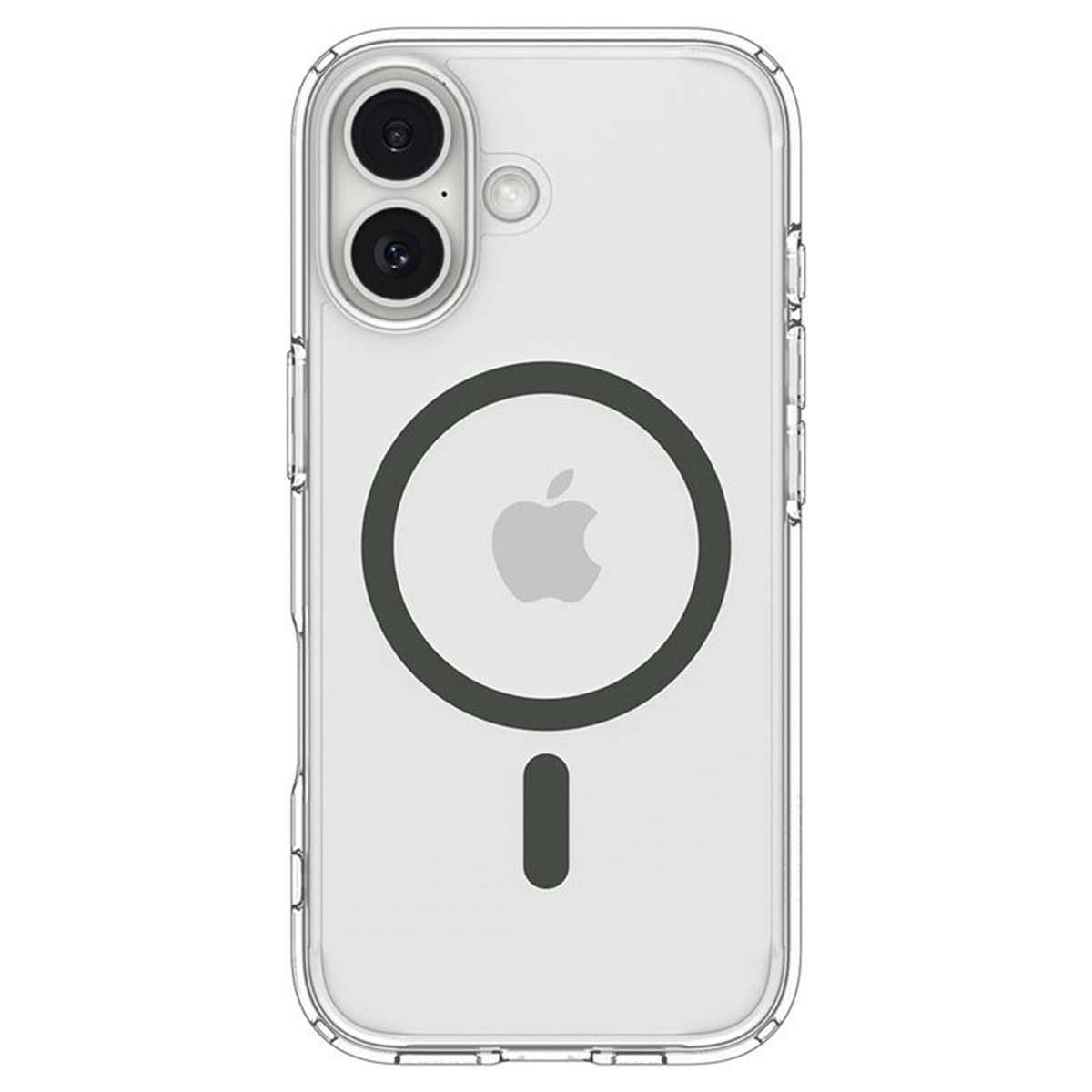 Transparante telefoonhoes met een cirkel en een minteken. Er staat een Apple-logo in het midden. De camera is zichtbaar bovenaan.