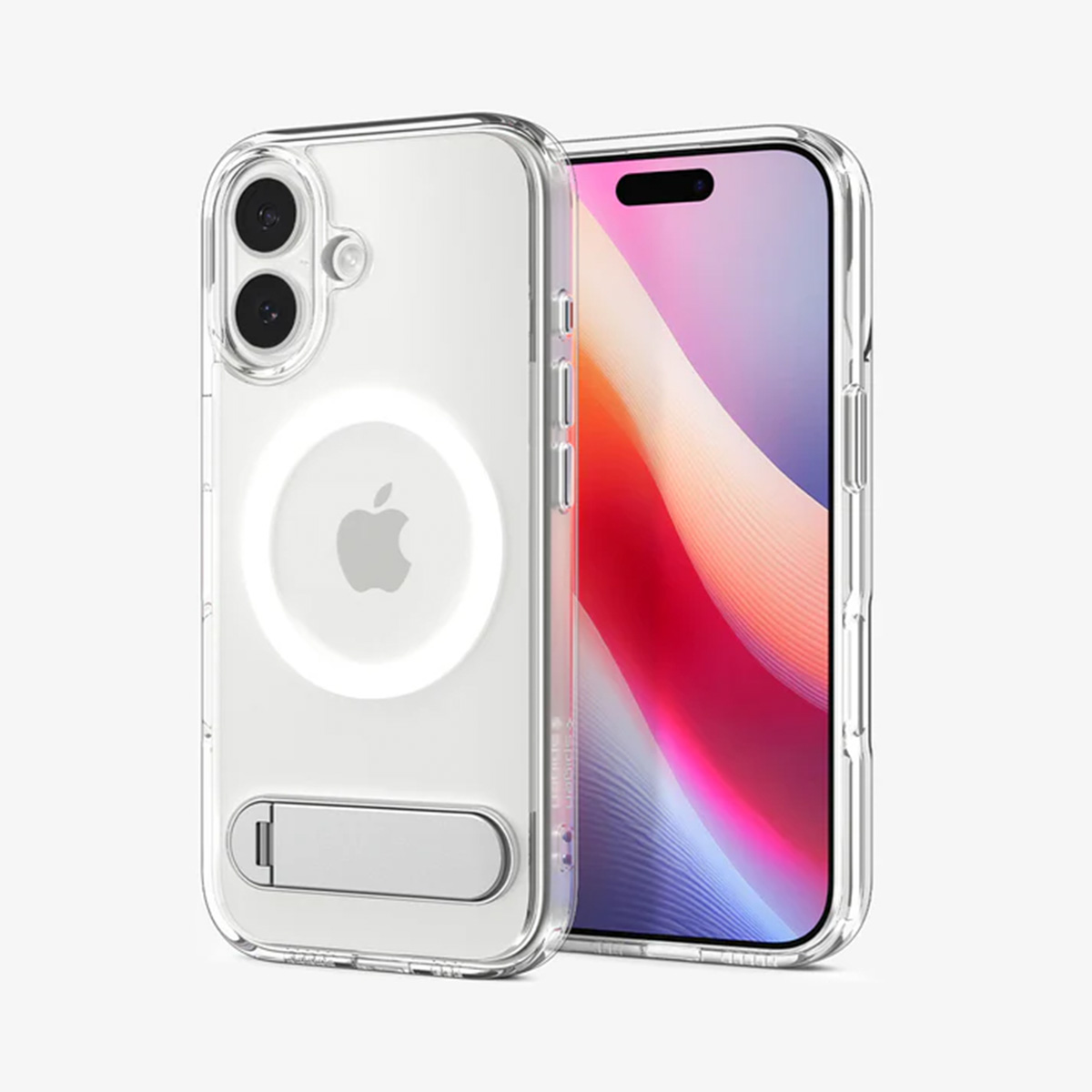 Custodia trasparente per telefono con un telefono all'interno. Il telefono ha uno schermo colorato ed è accanto alla custodia con un supporto.