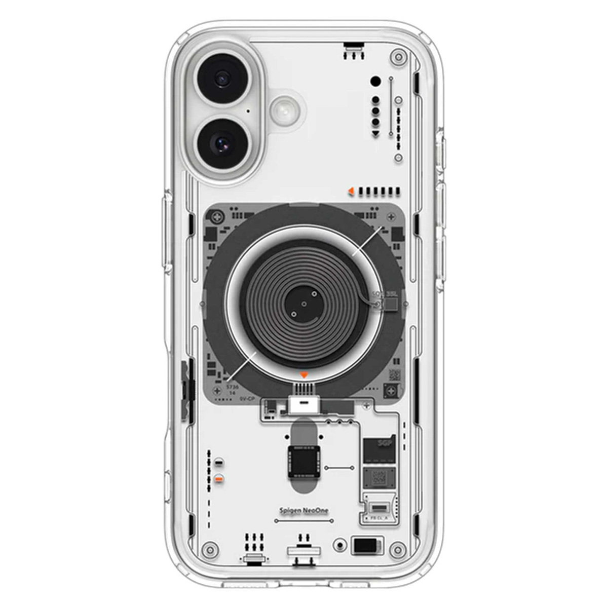Transparante telefoonhoes met zichtbaar intern ontwerp. Voorzien van een uitsparing voor een dubbele camera en een cirkelvormig centraal onderdeel.