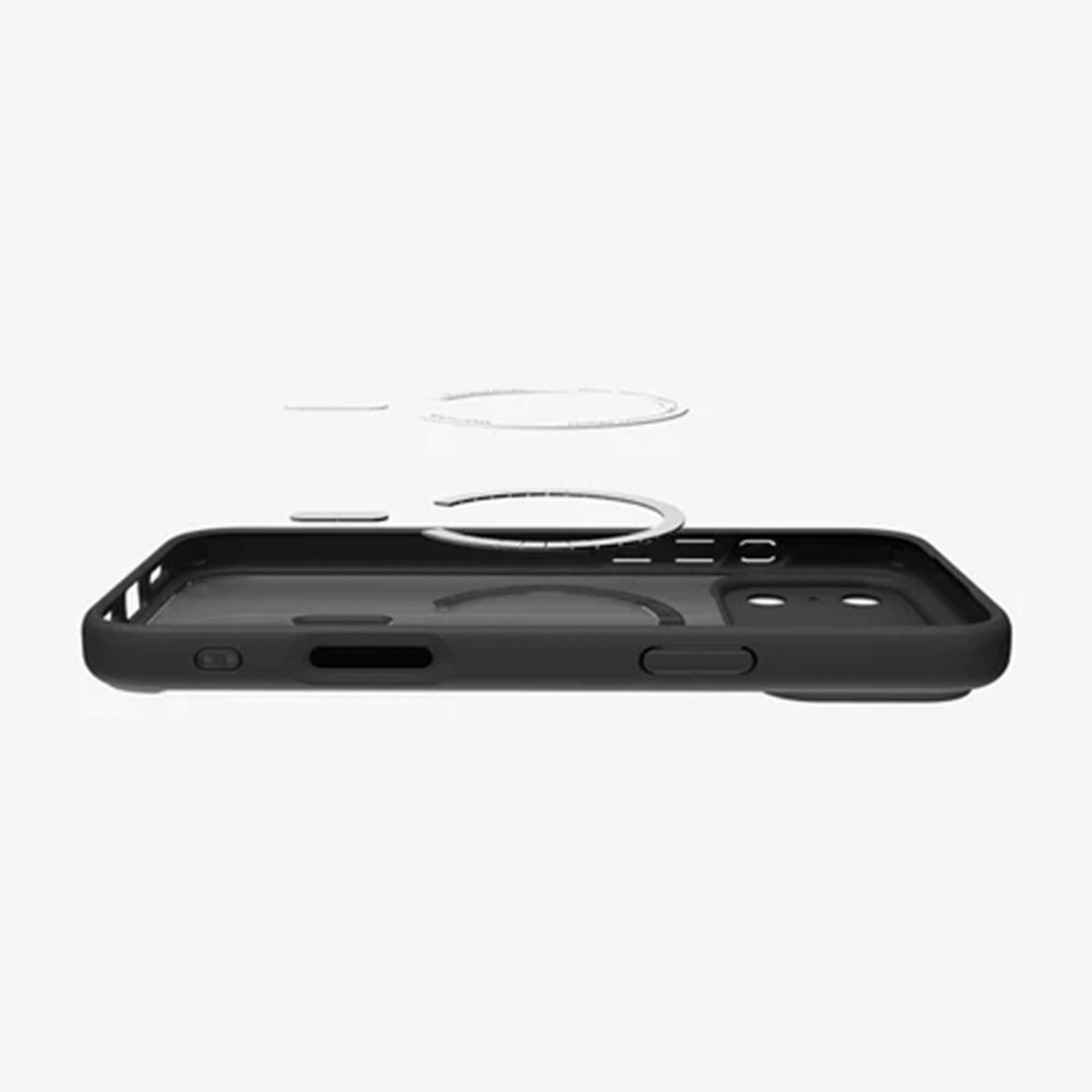 Un étui de téléphone noir avec un anneau magnétique. Composants séparés, montrant l'étui et l'anneau au-dessus. Fond blanc.