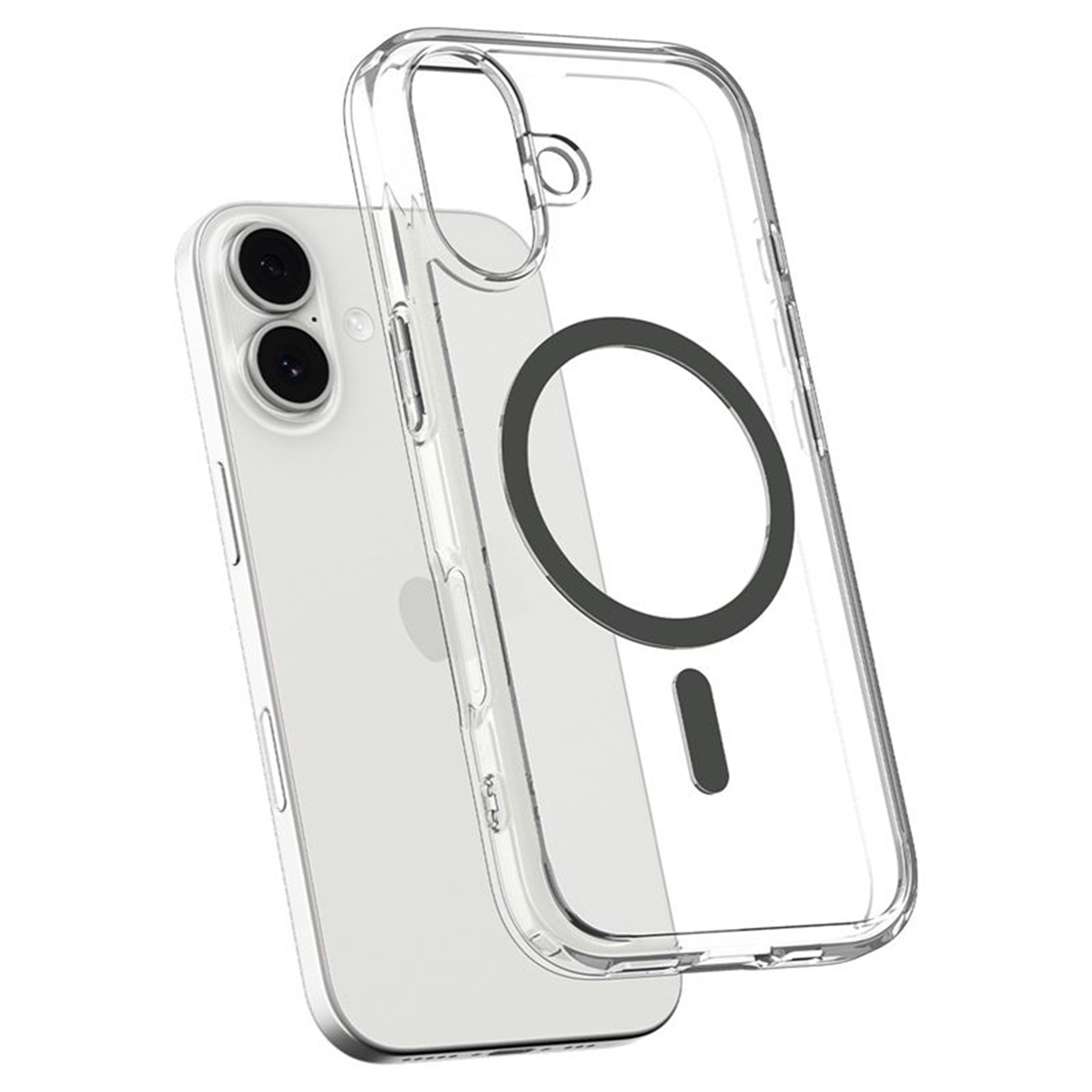 Een doorzichtige telefoonhoes zit over een zilveren telefoon. De hoes heeft een zwarte ring en een verticale balk. De telefoon heeft twee camera's.