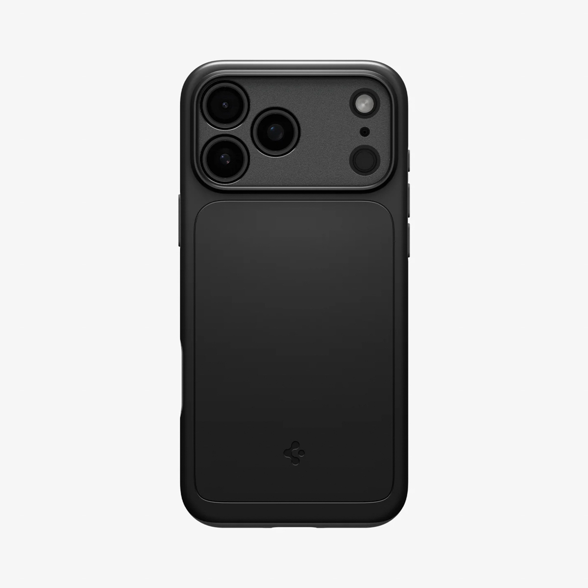 Une coque de téléphone noire avec un module caméra comprenant trois lentilles et un flash. La coque a une finition mate lisse.